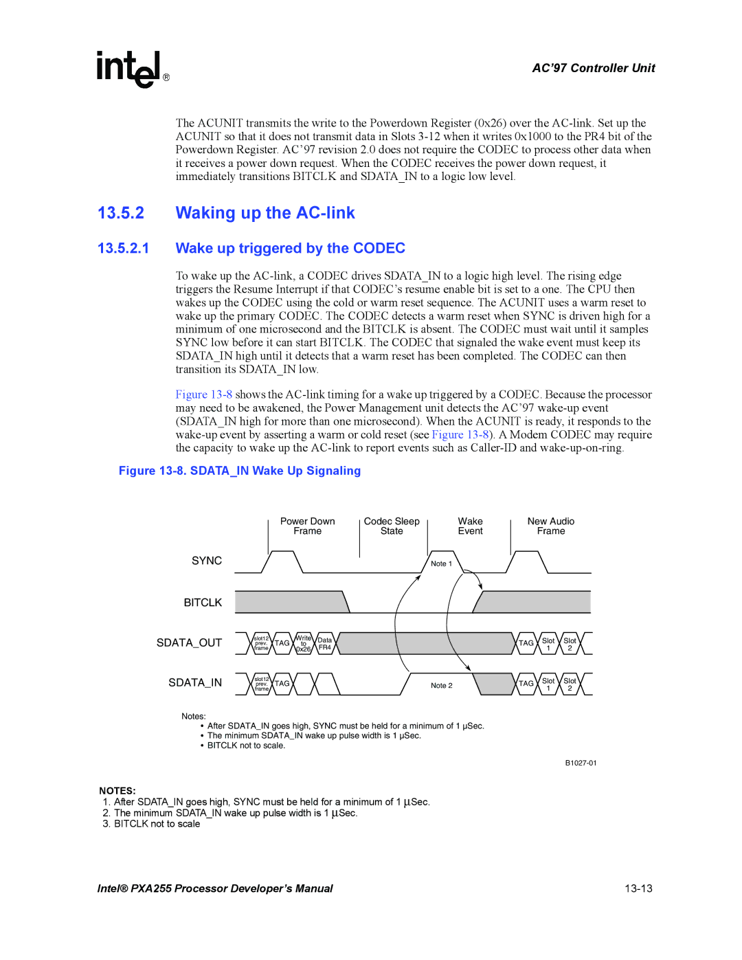 Intel PXA255 manual Waking up the AC-link, Wake up triggered by the Codec 