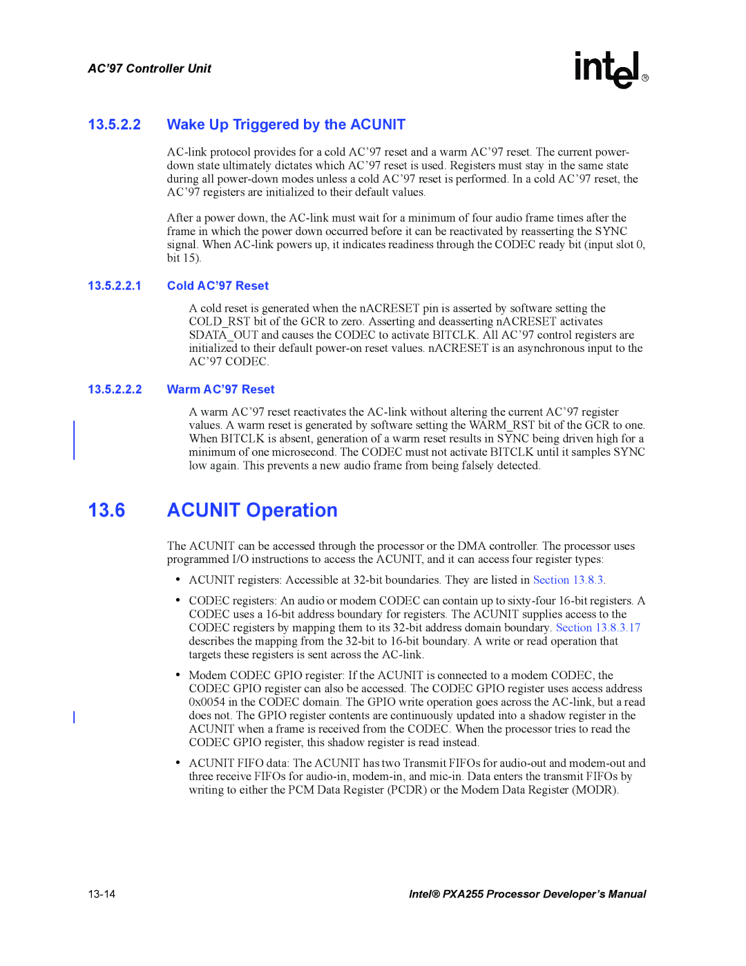 Intel PXA255 manual Acunit Operation, Wake Up Triggered by the Acunit, Cold AC’97 Reset, Warm AC’97 Reset 