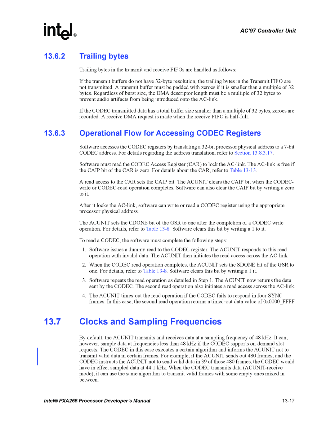 Intel PXA255 manual Clocks and Sampling Frequencies, Operational Flow for Accessing Codec Registers 