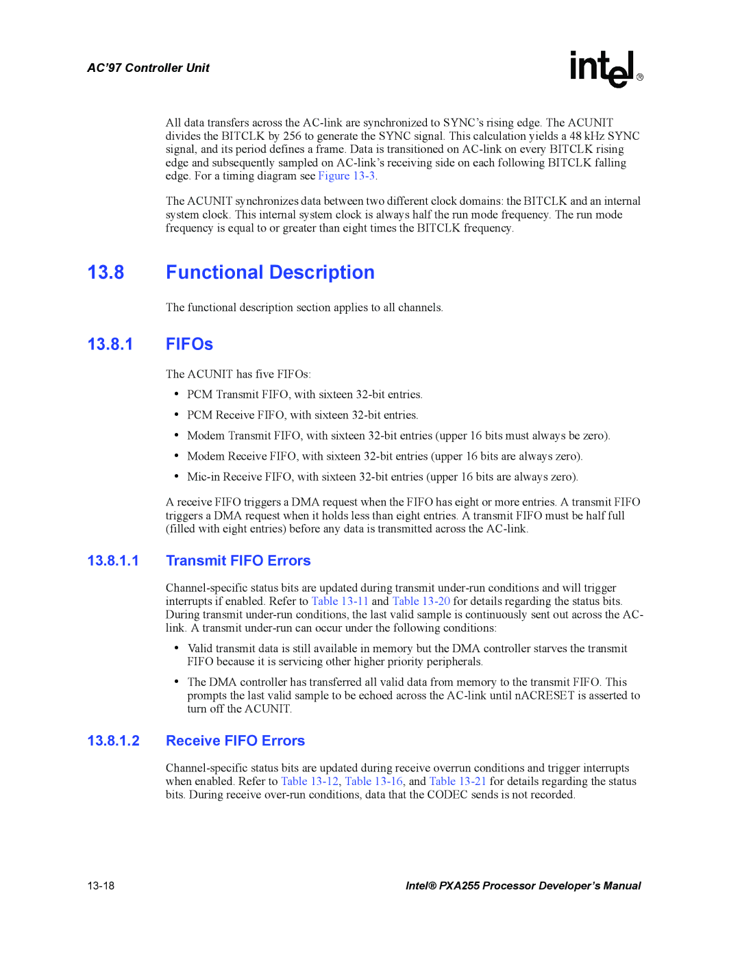 Intel PXA255 manual FIFOs, Transmit Fifo Errors, Receive Fifo Errors 