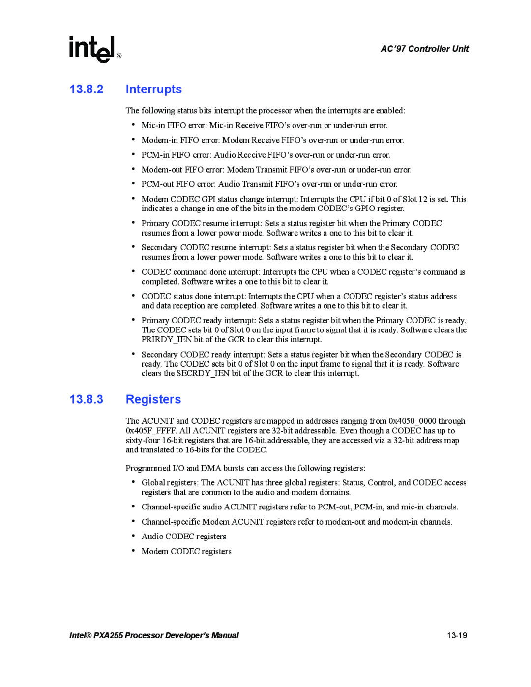 Intel PXA255 manual Interrupts, Registers 