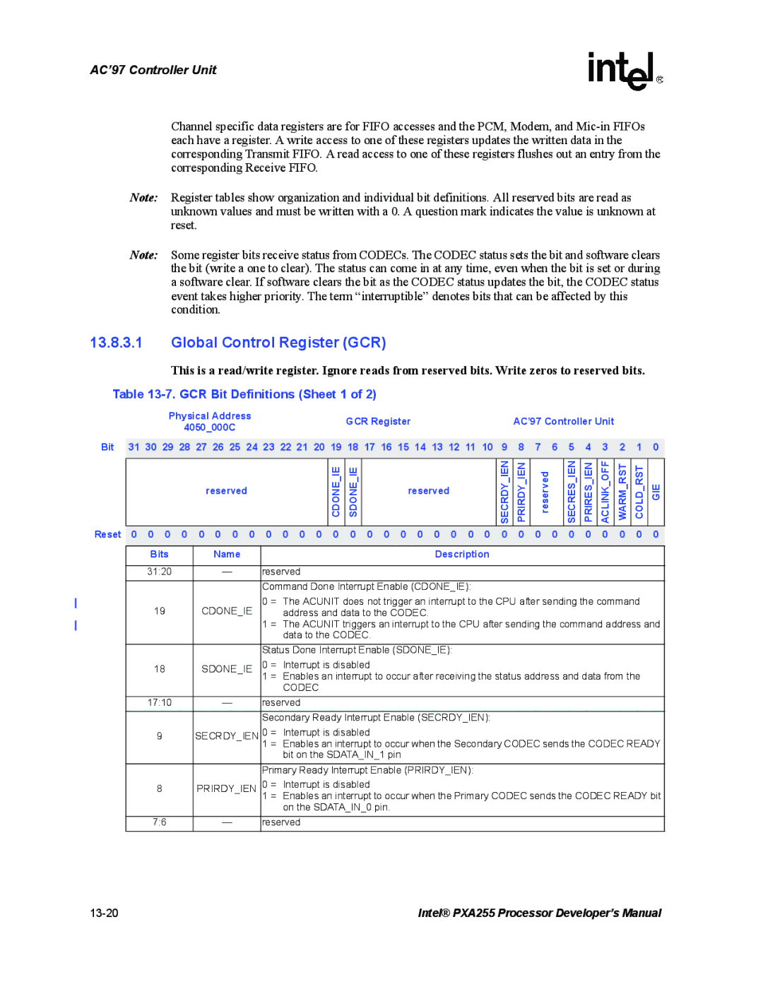 Intel PXA255 manual Global Control Register GCR, GCR Bit Definitions Sheet 1 