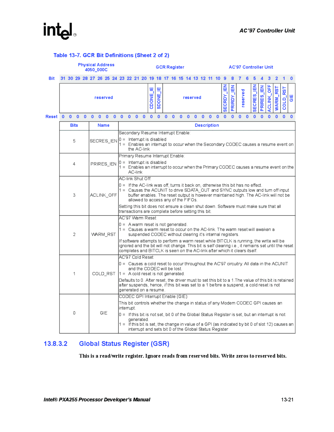 Intel PXA255 manual Global Status Register GSR, GCR Bit Definitions Sheet 2, Warmrst, Coldrst, Gie 