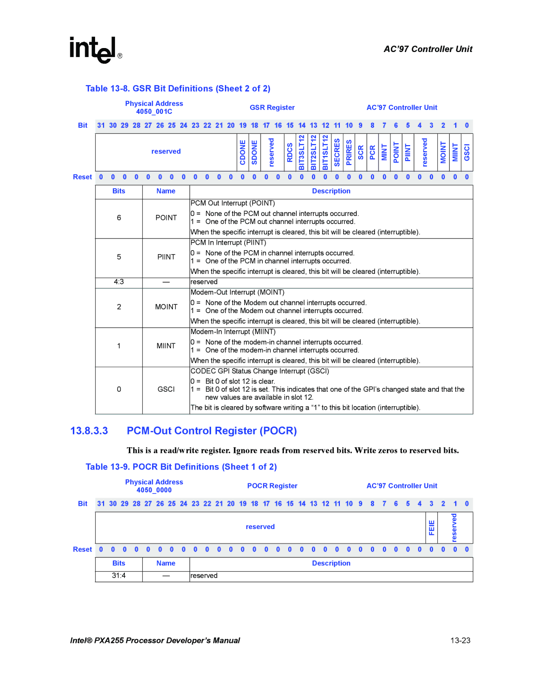 Intel PXA255 manual PCM-Out Control Register Pocr, GSR Bit Definitions Sheet 2, Pocr Bit Definitions Sheet 1 