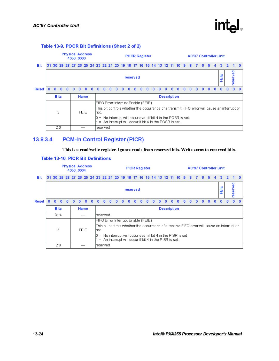 Intel PXA255 manual PCM-In Control Register Picr, Pocr Bit Definitions Sheet 2, Picr Bit Definitions 