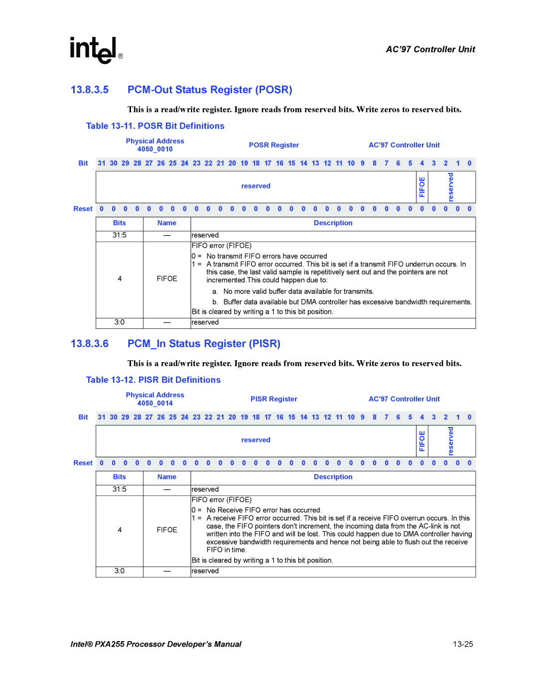 Intel PXA255 PCM-Out Status Register Posr, PCMIn Status Register Pisr, Posr Bit Definitions, Pisr Bit Definitions, Fifoe 