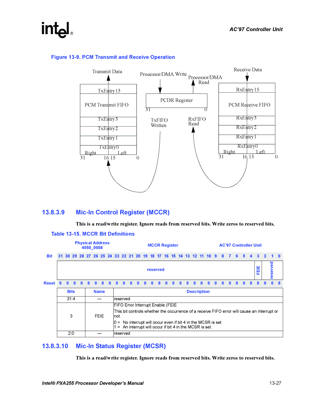 Intel PXA255 Mic-In Control Register Mccr, Mic-In Status Register Mcsr, Mccr Bit Definitions, Mccr Register, 40500008 