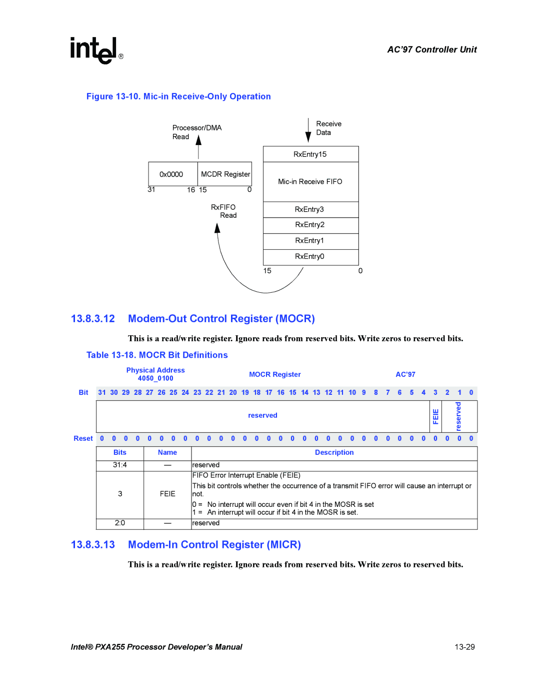 Intel PXA255 manual Modem-Out Control Register Mocr, Modem-In Control Register Micr, Mocr Bit Definitions, Mocr Register 