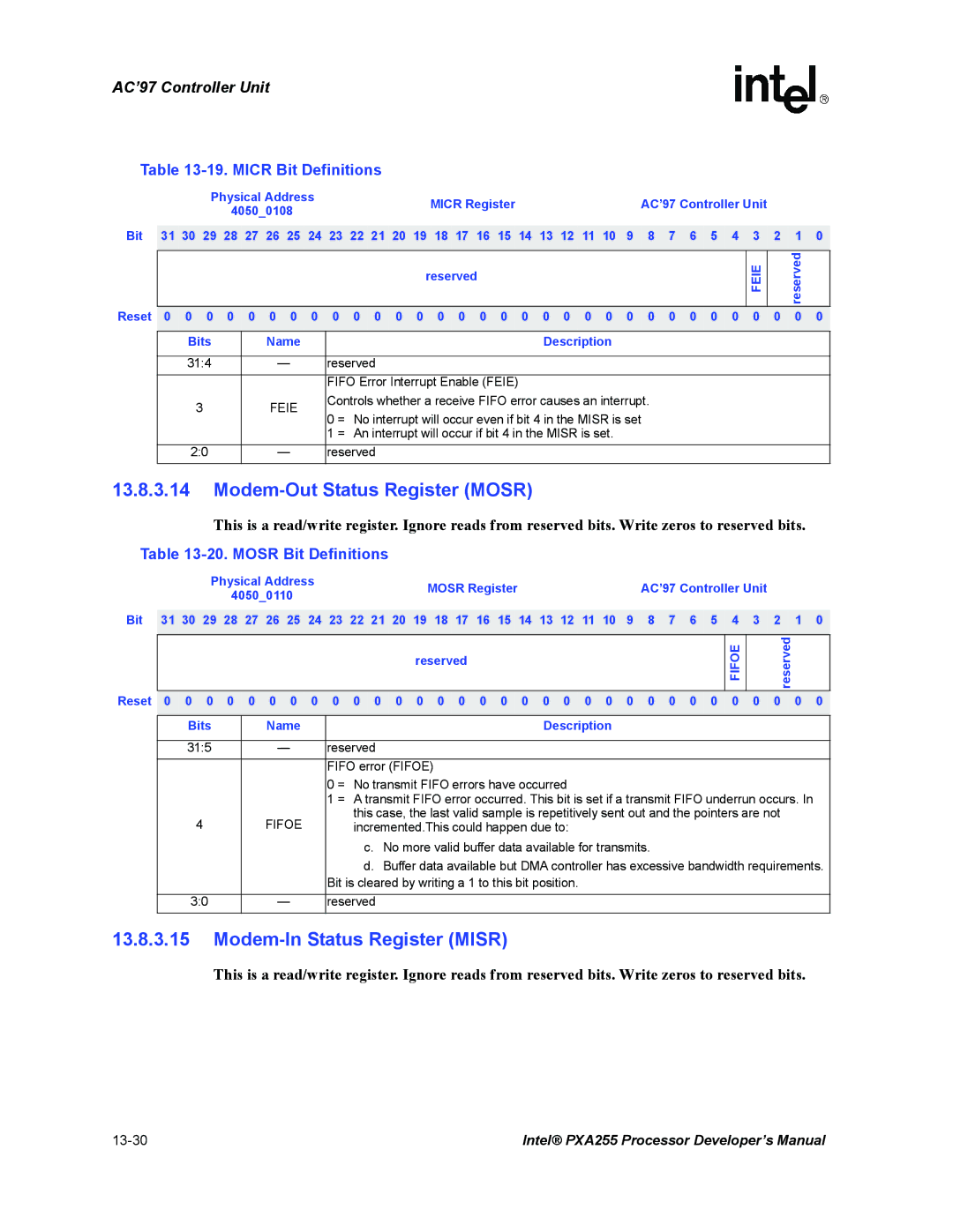 Intel PXA255 Modem-Out Status Register Mosr, Modem-In Status Register Misr, Micr Bit Definitions, Mosr Bit Definitions 