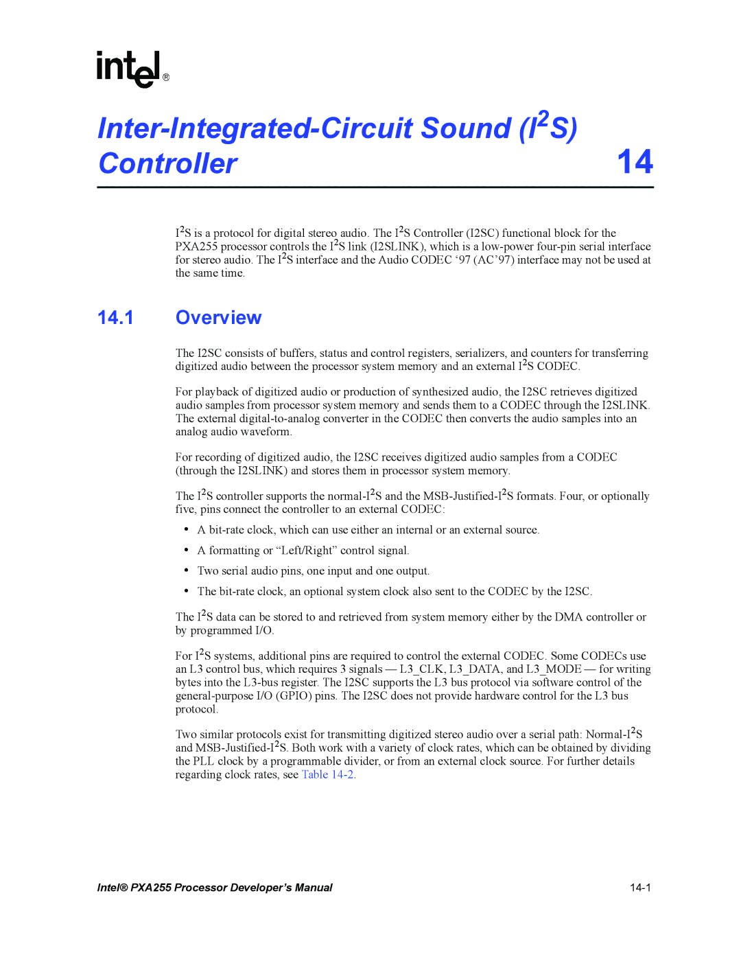 Intel PXA255 manual Inter-Integrated-Circuit Sound I2S Controller 