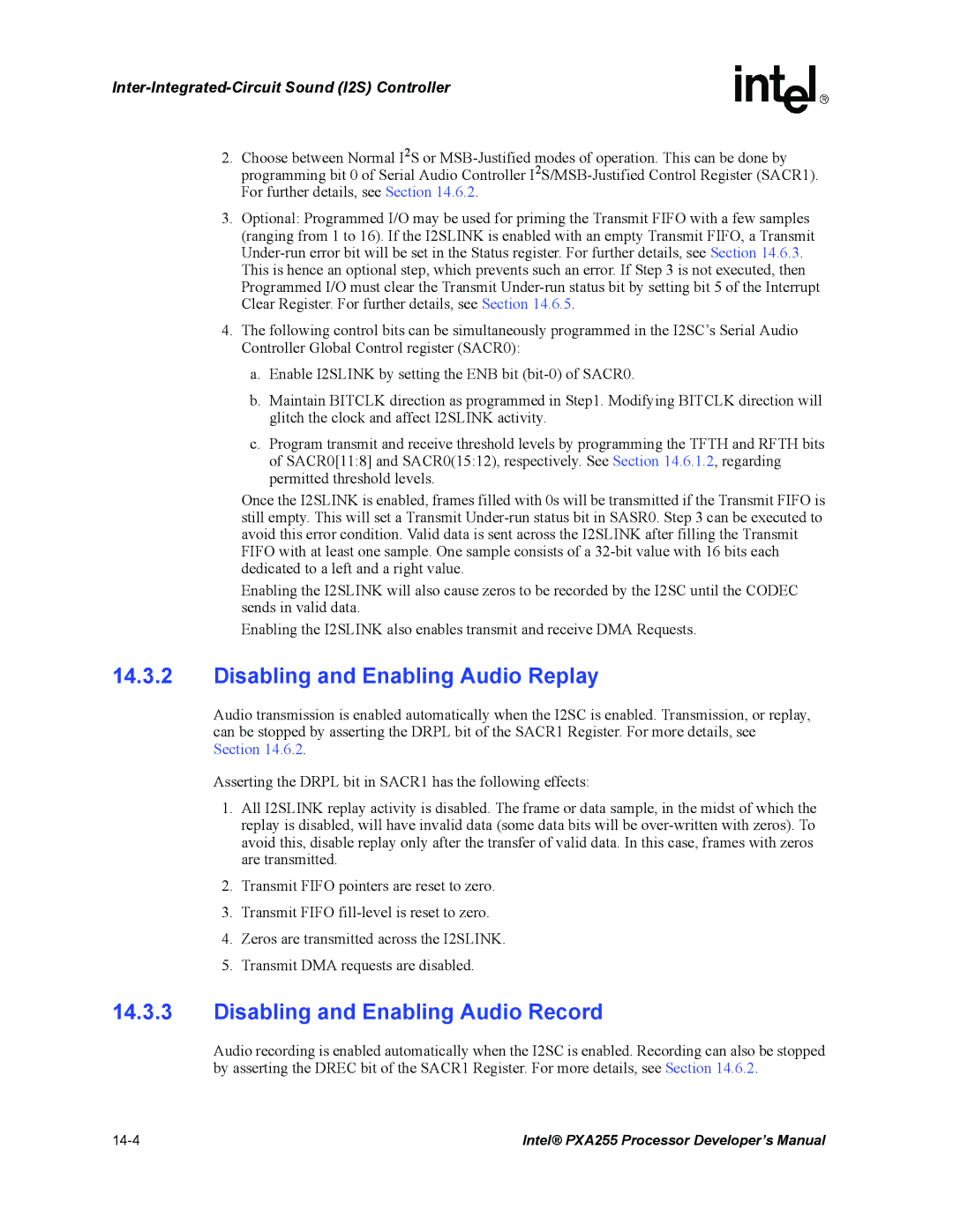 Intel PXA255 manual Disabling and Enabling Audio Replay, Disabling and Enabling Audio Record 