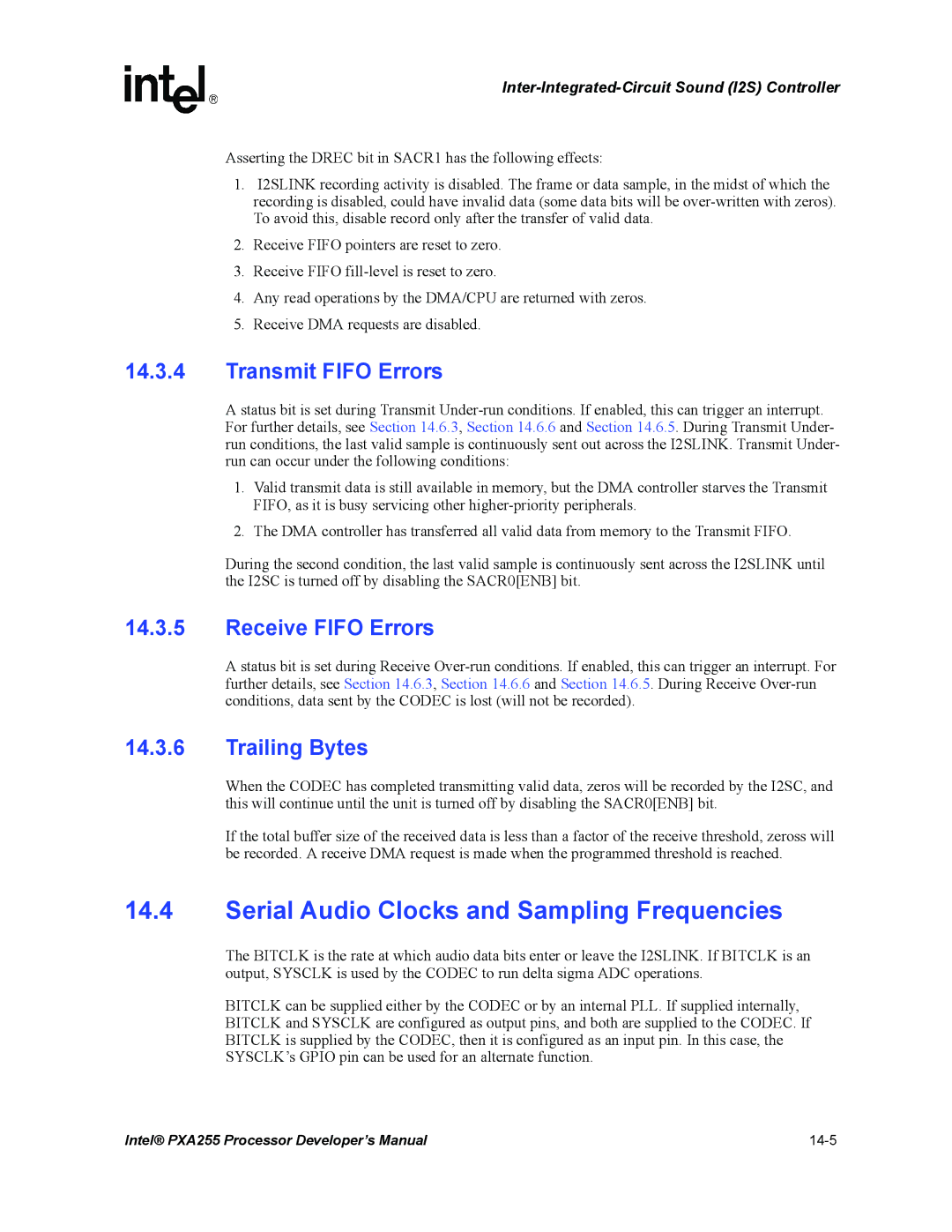 Intel PXA255 manual Serial Audio Clocks and Sampling Frequencies, Transmit Fifo Errors, Receive Fifo Errors 