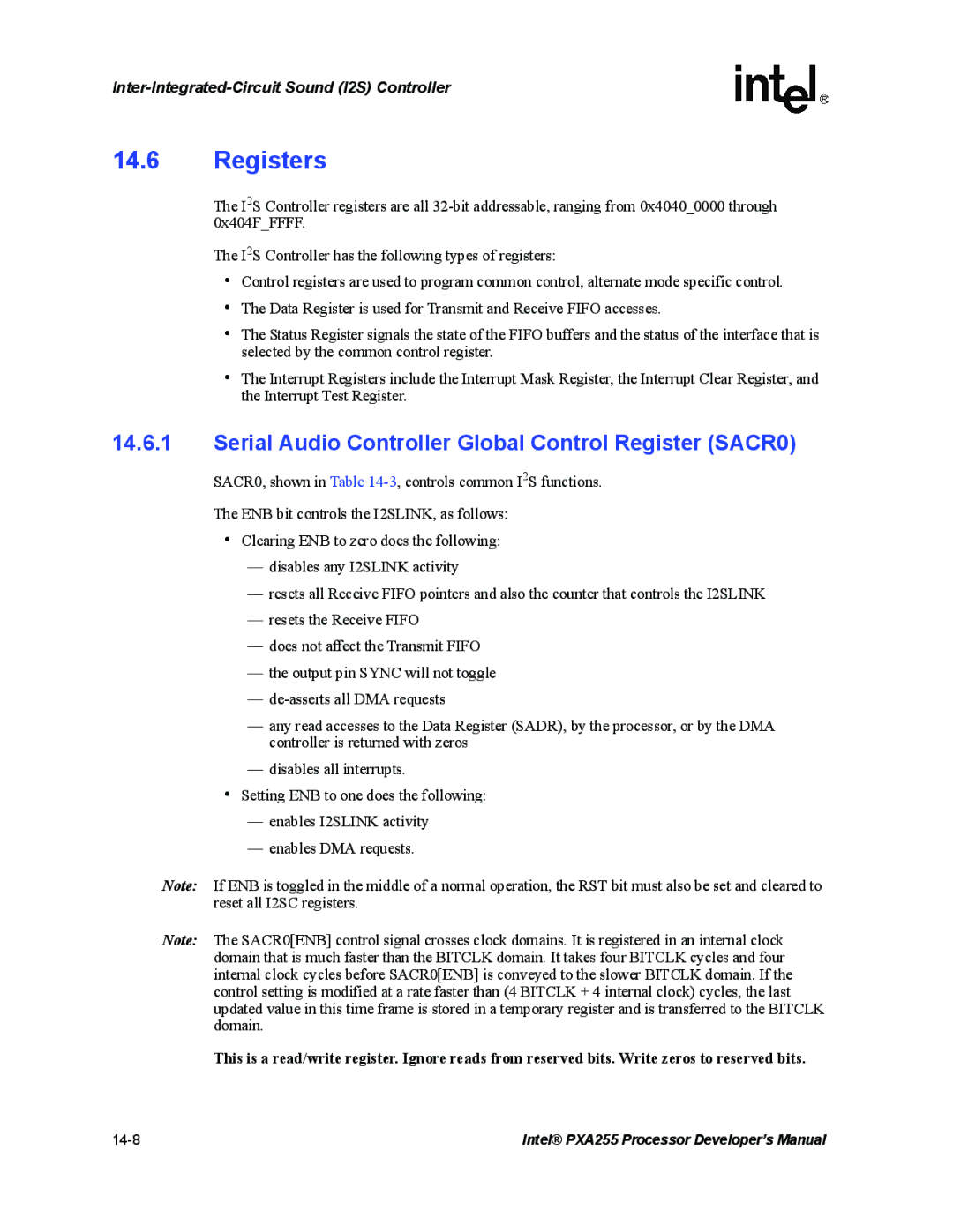 Intel PXA255 manual Registers, Serial Audio Controller Global Control Register SACR0 