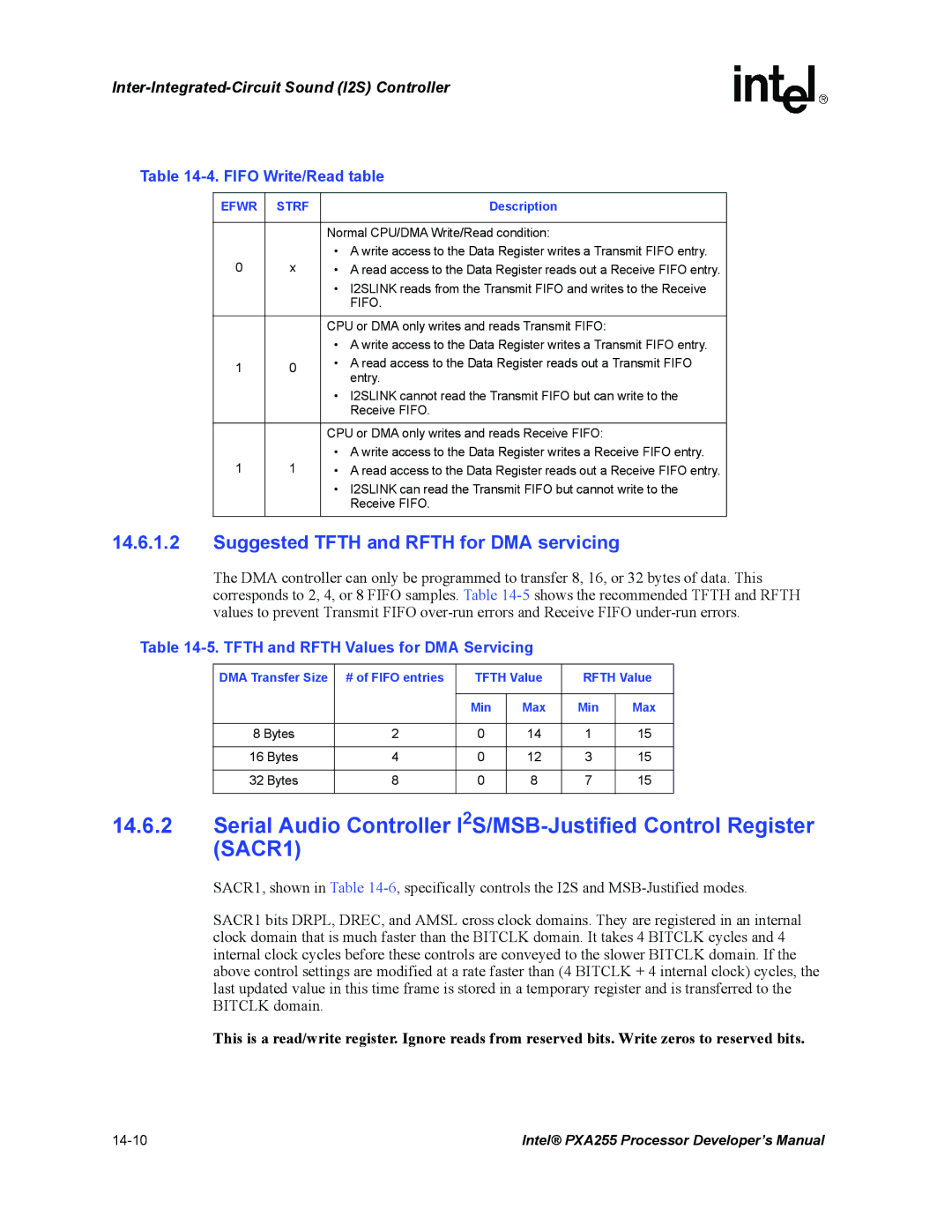 Intel PXA255 Suggested Tfth and Rfth for DMA servicing, Fifo Write/Read table, Tfth and Rfth Values for DMA Servicing 