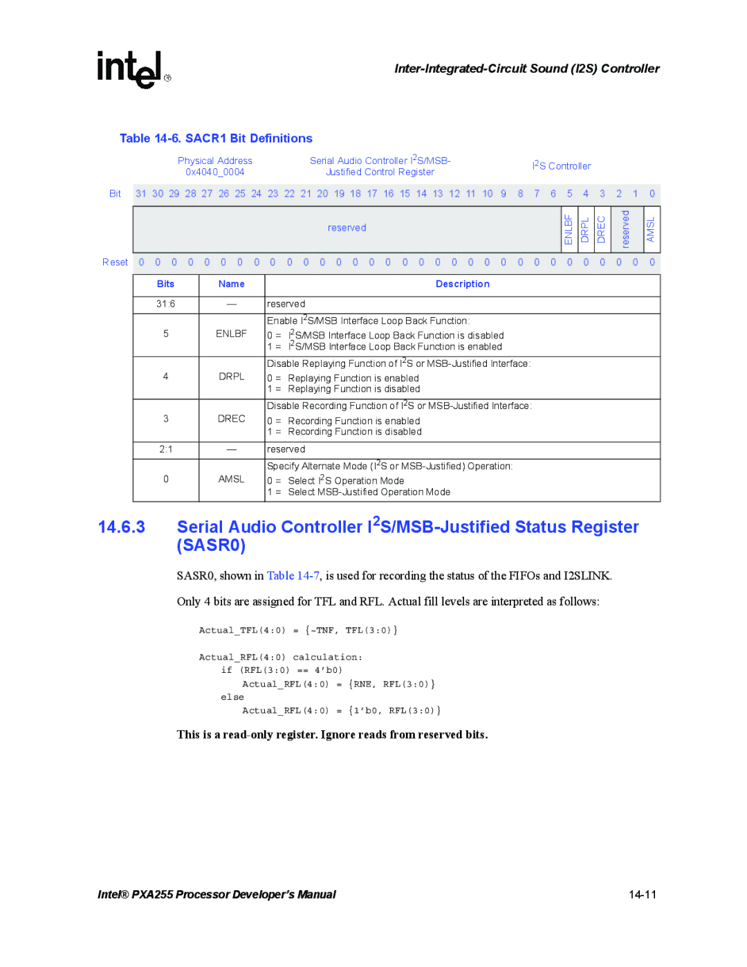 Intel PXA255 manual SACR1 Bit Definitions, Enlbf, Drpl, Drec, Amsl 