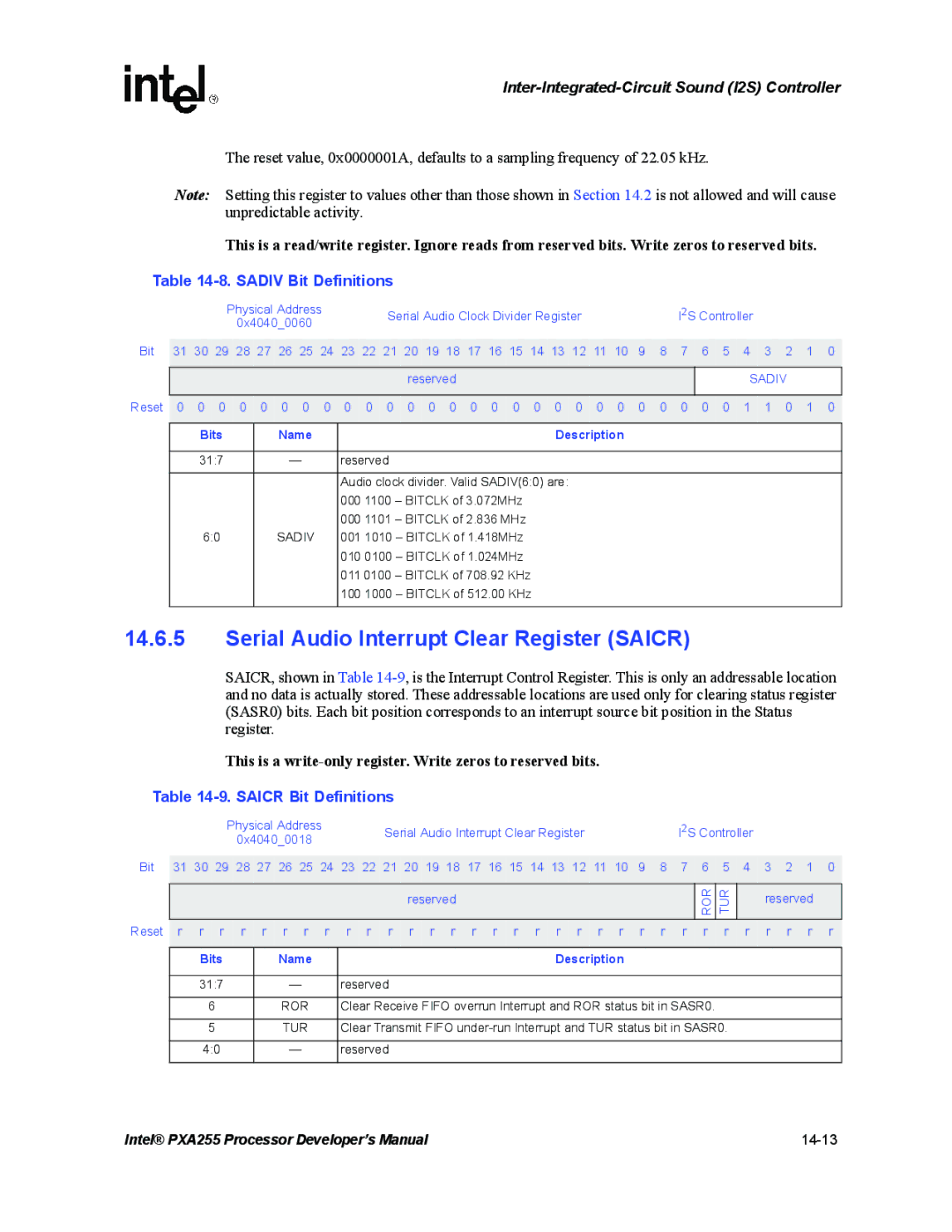 Intel PXA255 manual Serial Audio Interrupt Clear Register Saicr, Sadiv Bit Definitions, Saicr Bit Definitions 