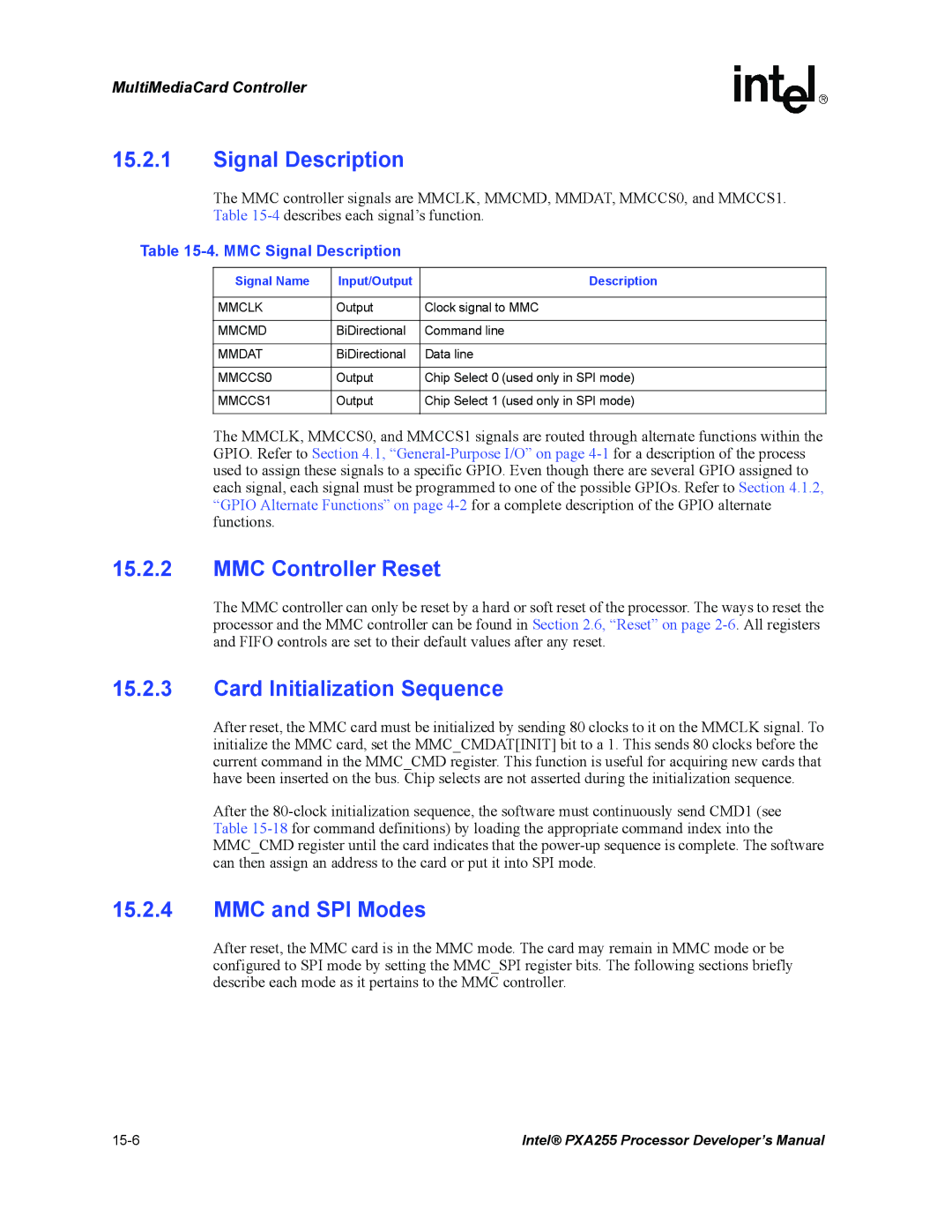 Intel PXA255 manual Signal Description, MMC Controller Reset, Card Initialization Sequence, MMC and SPI Modes 