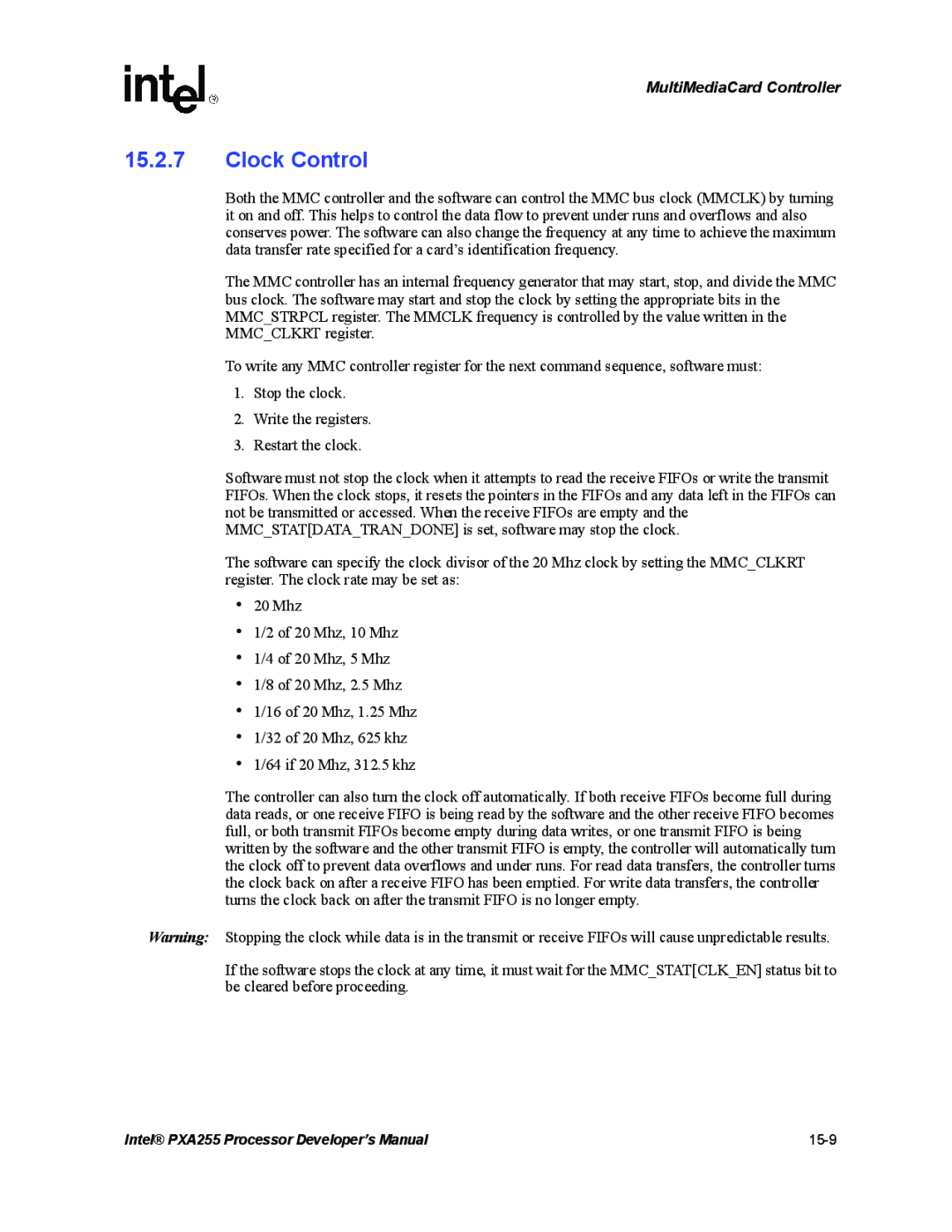 Intel PXA255 manual Clock Control 