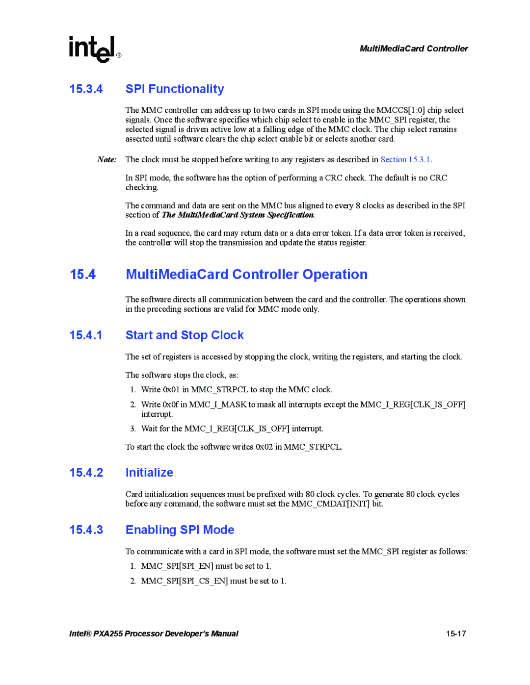 Intel PXA255 MultiMediaCard Controller Operation, SPI Functionality, Start and Stop Clock, Initialize, Enabling SPI Mode 