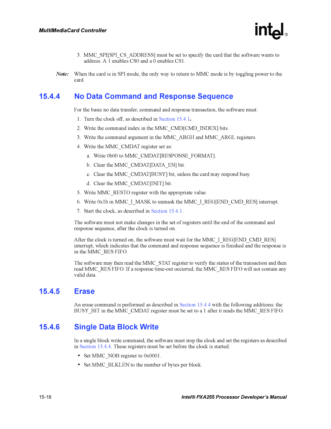 Intel PXA255 manual No Data Command and Response Sequence, Erase, Single Data Block Write 