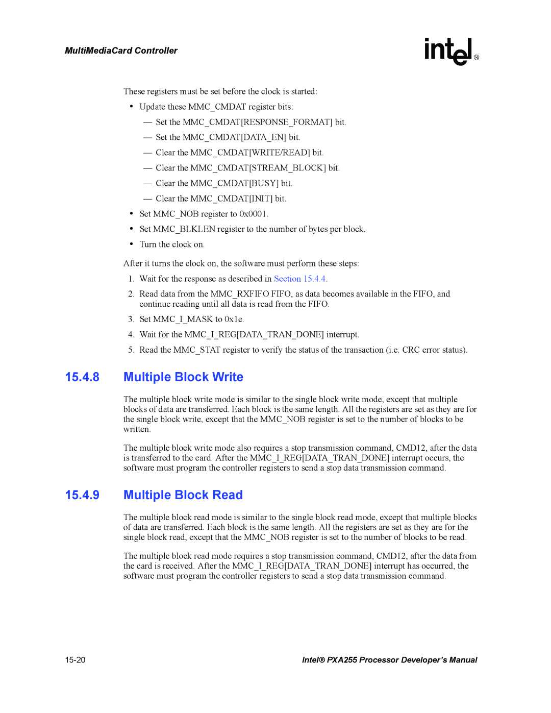 Intel PXA255 manual Multiple Block Write, Multiple Block Read 