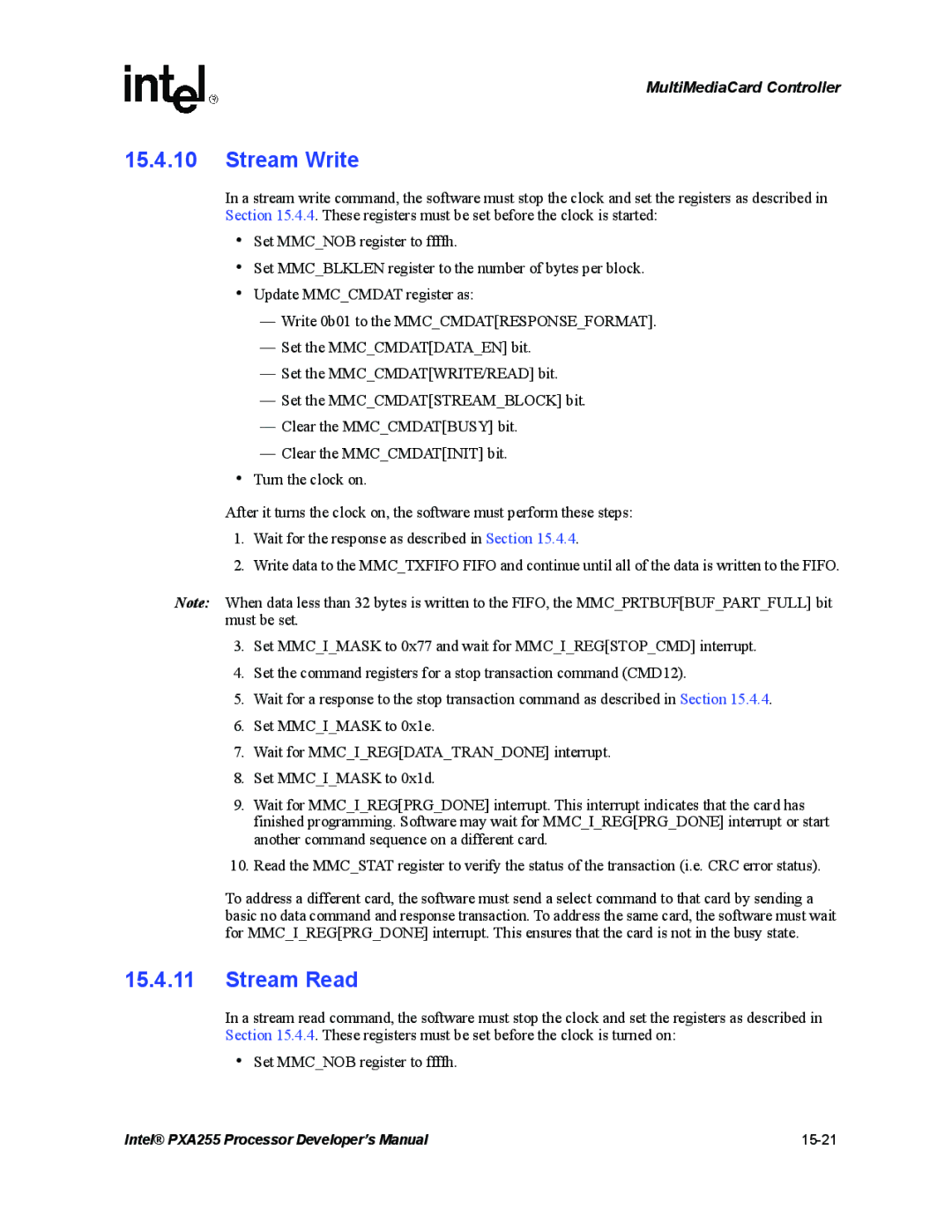 Intel PXA255 manual Stream Write, Stream Read 