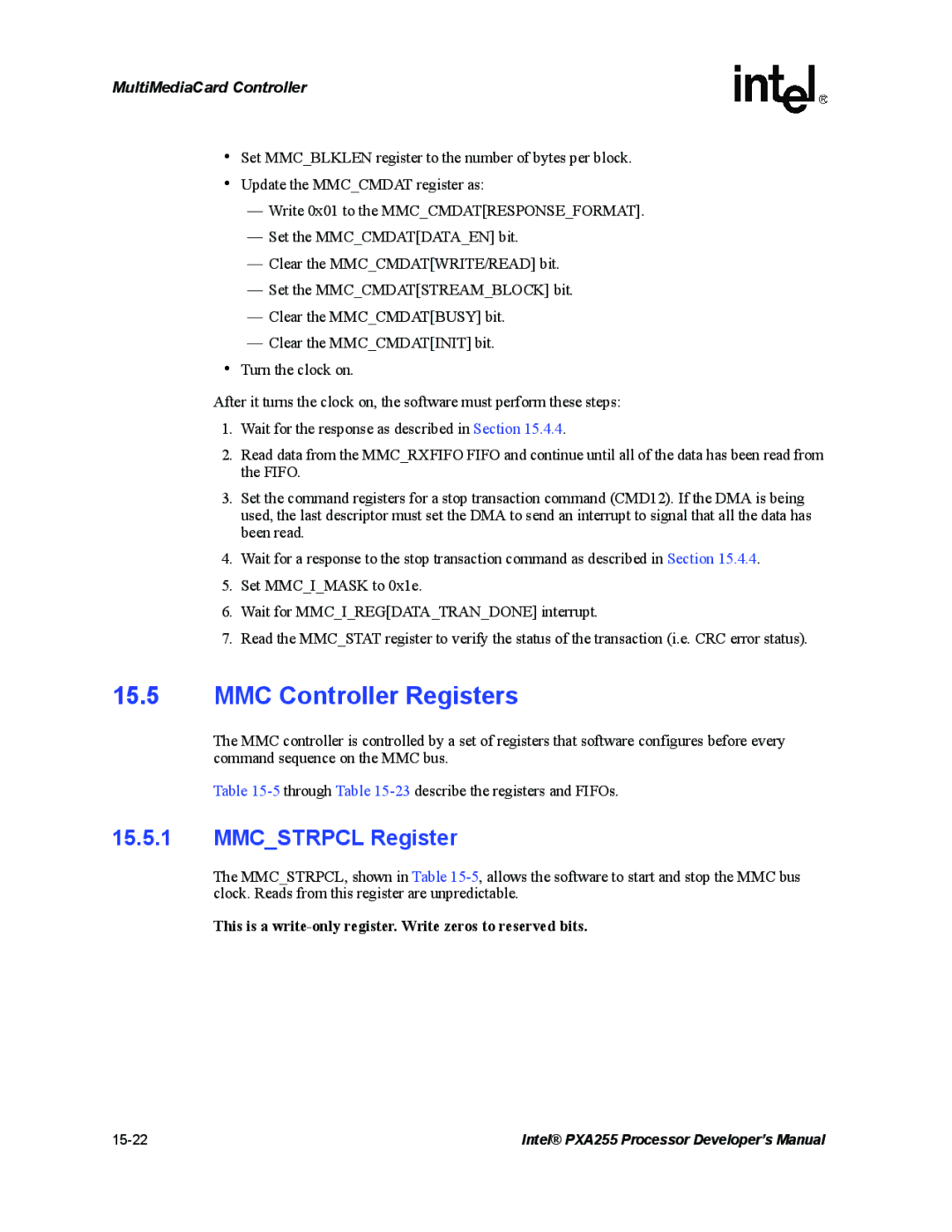 Intel PXA255 manual MMC Controller Registers, Mmcstrpcl Register 