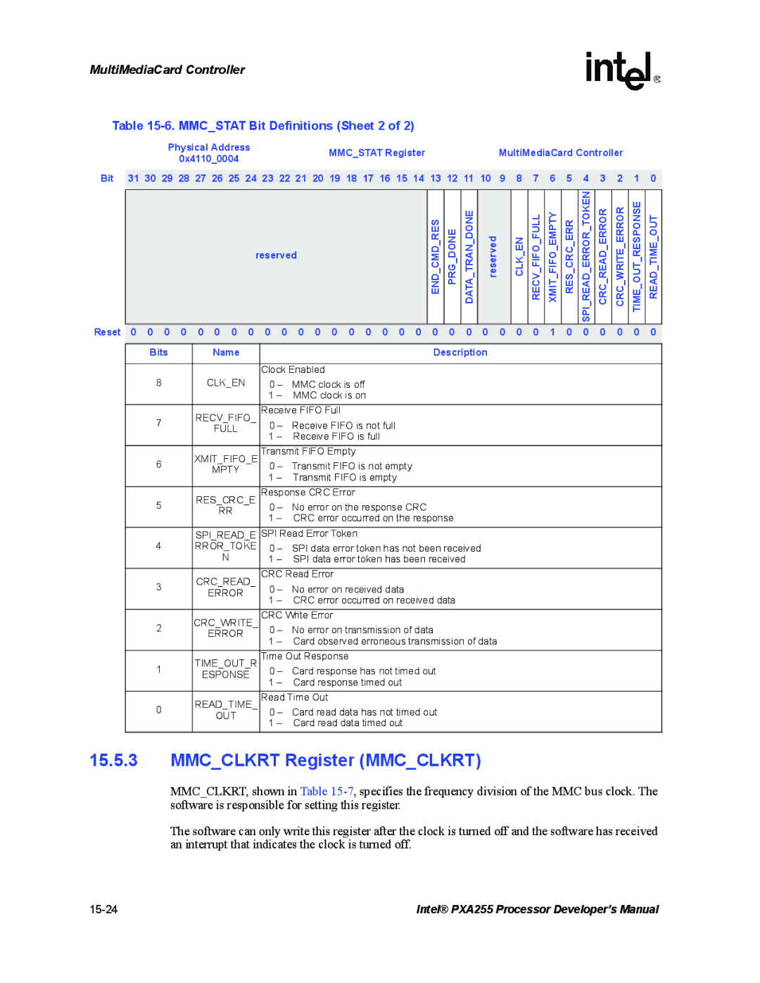 Intel PXA255 manual Mmcclkrt Register Mmcclkrt, Mmcstat Bit Definitions Sheet 2 