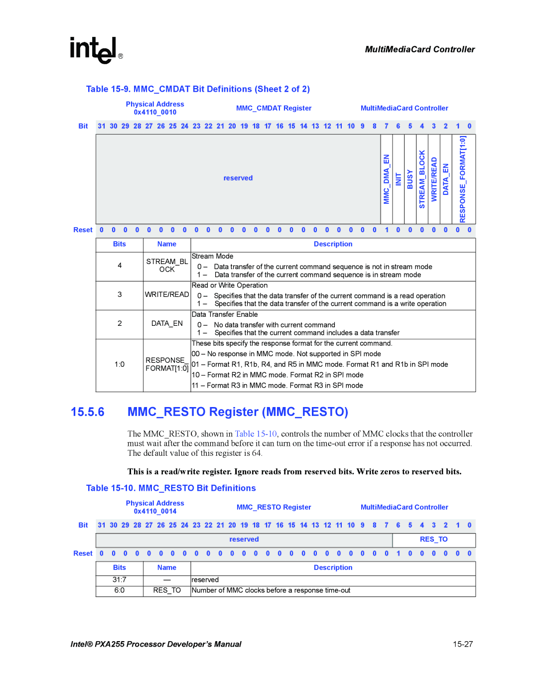 Intel PXA255 manual Mmcresto Register Mmcresto, Mmccmdat Bit Definitions Sheet 2, Mmcresto Bit Definitions 