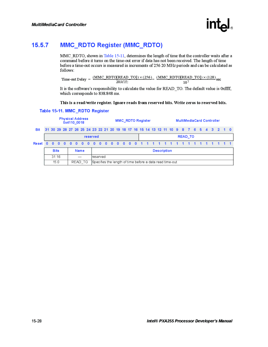 Intel PXA255 manual Mmcrdto Register Mmcrdto, Readto, Specifies the length of time before a data read time-out 