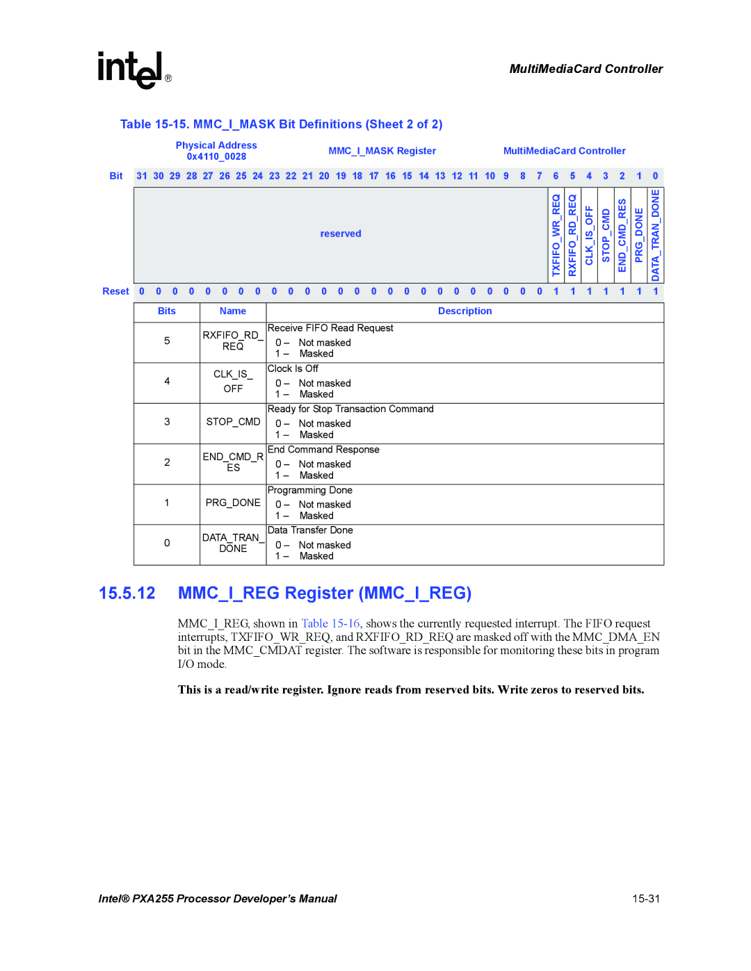 Intel PXA255 manual Mmcireg Register Mmcireg, Mmcimask Bit Definitions Sheet 2, Mmcimask Register MultiMediaCard Controller 