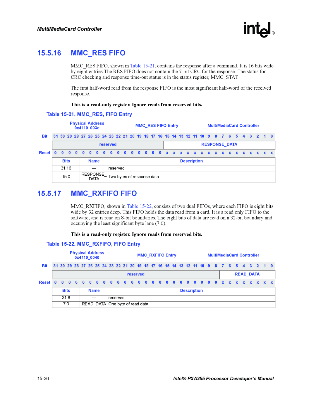 Intel PXA255 manual Mmcres Fifo, MMCRES, Fifo Entry, MMCRXFIFO, Fifo Entry, Responsedata, Readdata 