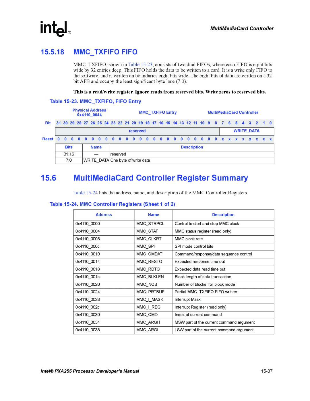 Intel PXA255 manual MultiMediaCard Controller Register Summary, MMCTXFIFO, Fifo Entry, MMC Controller Registers Sheet 1 