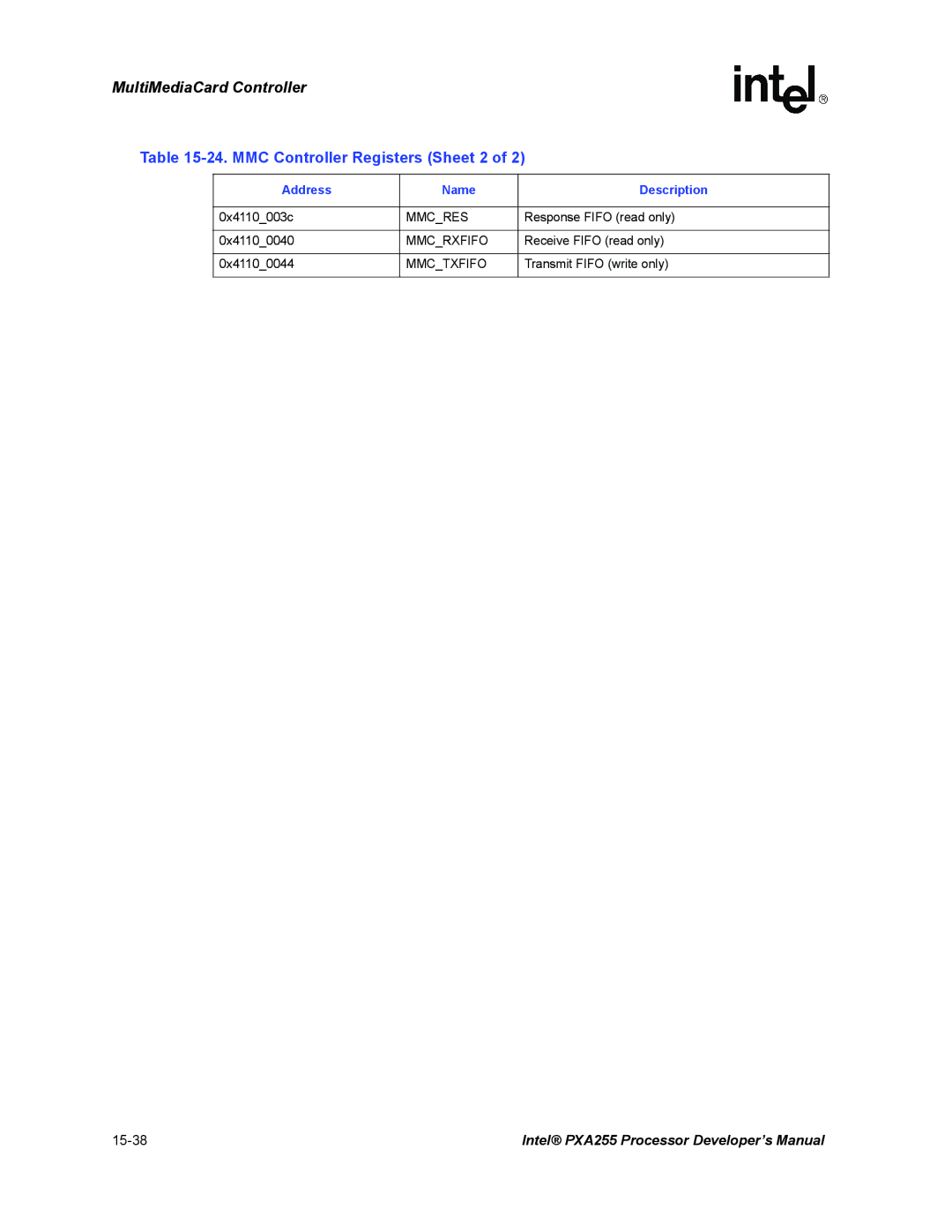 Intel PXA255 manual MMC Controller Registers Sheet 2, Mmcres 