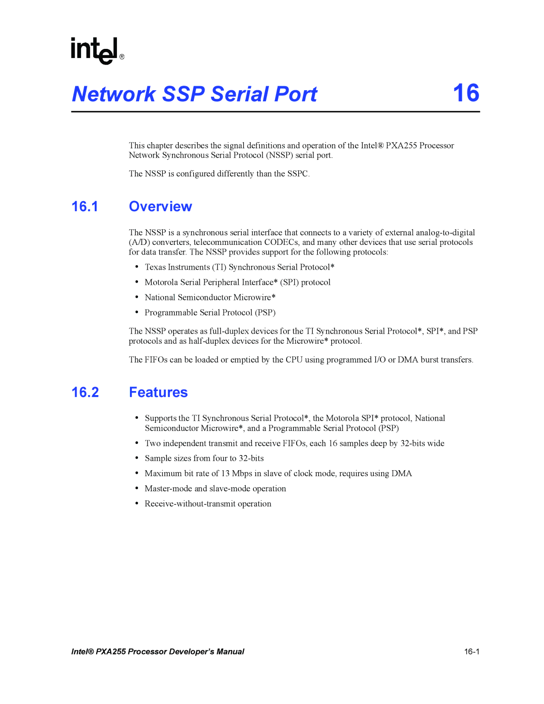 Intel PXA255 manual Network SSP Serial Port, Features 