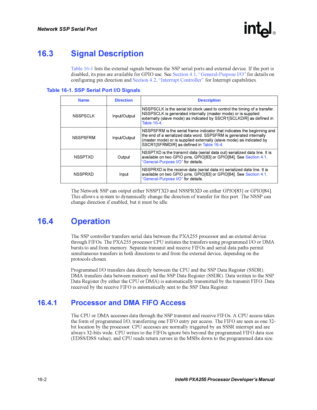 Intel PXA255 manual Operation, Processor and DMA Fifo Access, SSP Serial Port I/O Signals 