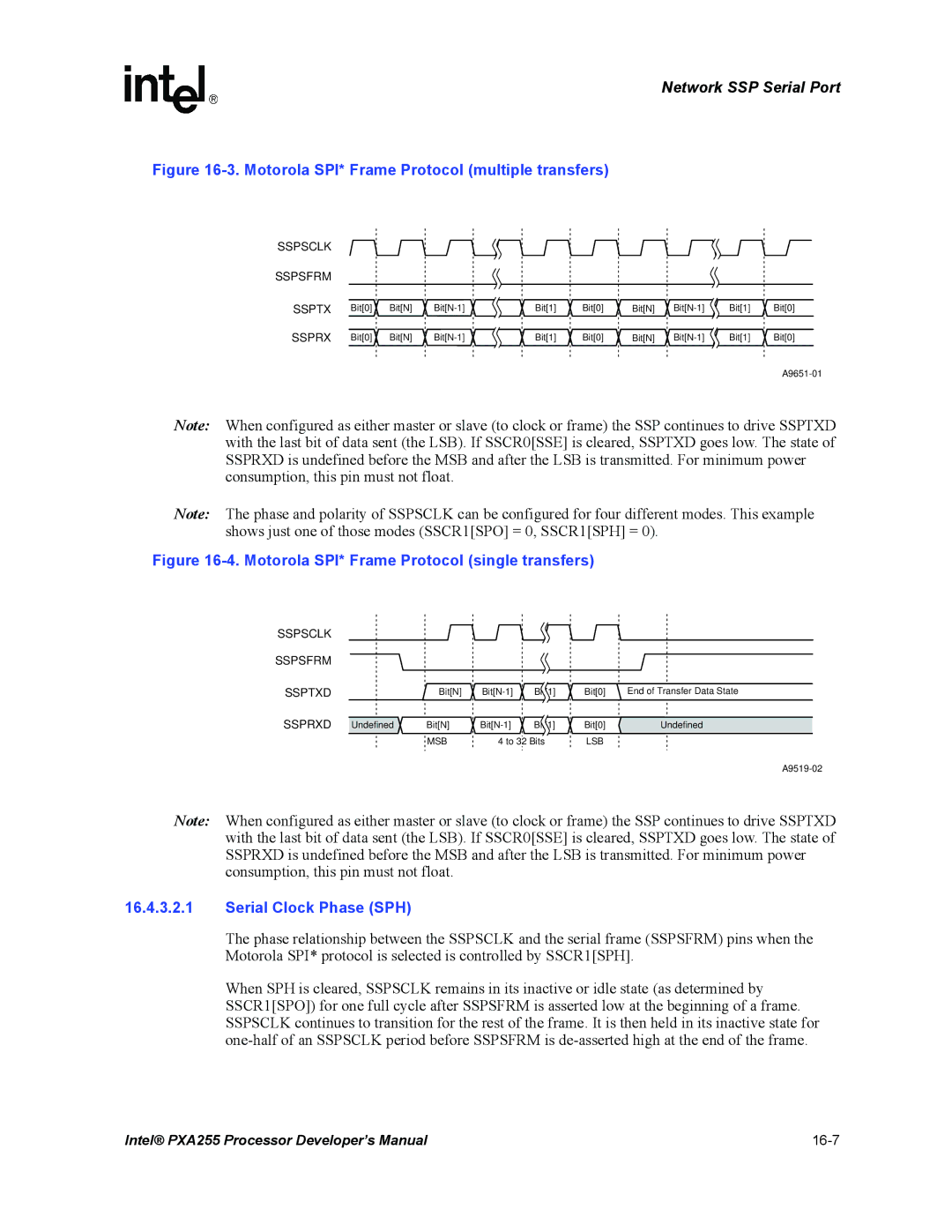 Intel PXA255 manual Motorola SPI* Frame Protocol multiple transfers, Serial Clock Phase SPH 