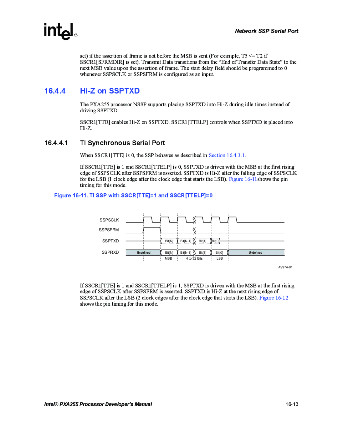 Intel PXA255 manual Hi-Z on Ssptxd, TI SSP with SSCRTTE=1 and SSCRTTELP=0 