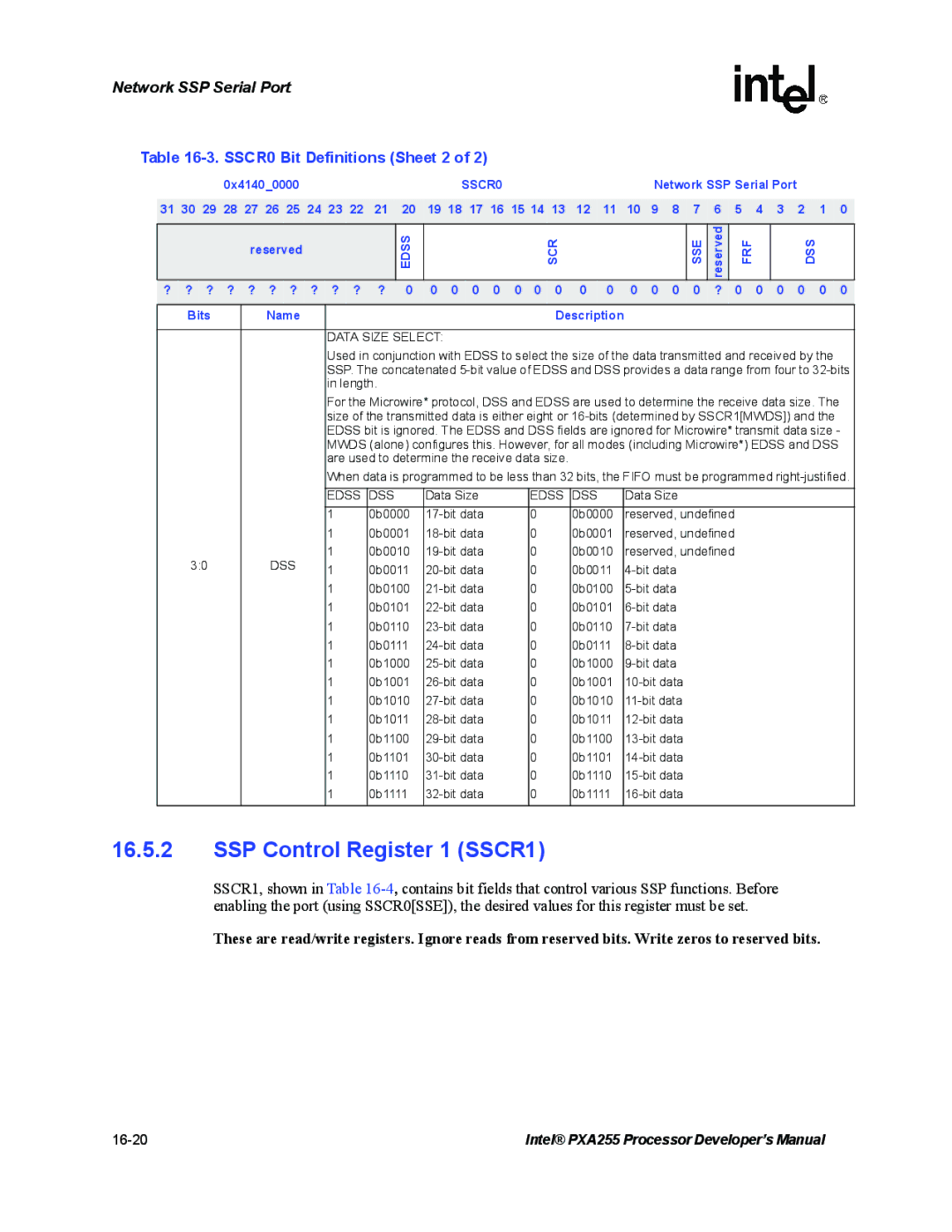 Intel PXA255 manual SSCR0 Bit Definitions Sheet 2, Edss SCR SSE, Data Size Select, Edss DSS 