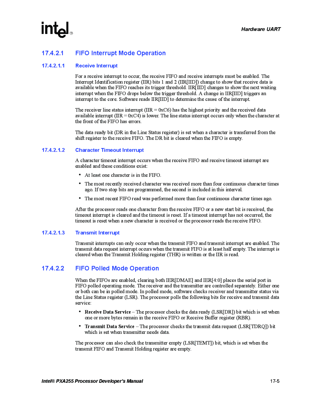 Intel PXA255 Fifo Interrupt Mode Operation, Fifo Polled Mode Operation, Receive Interrupt, Character Timeout Interrupt 