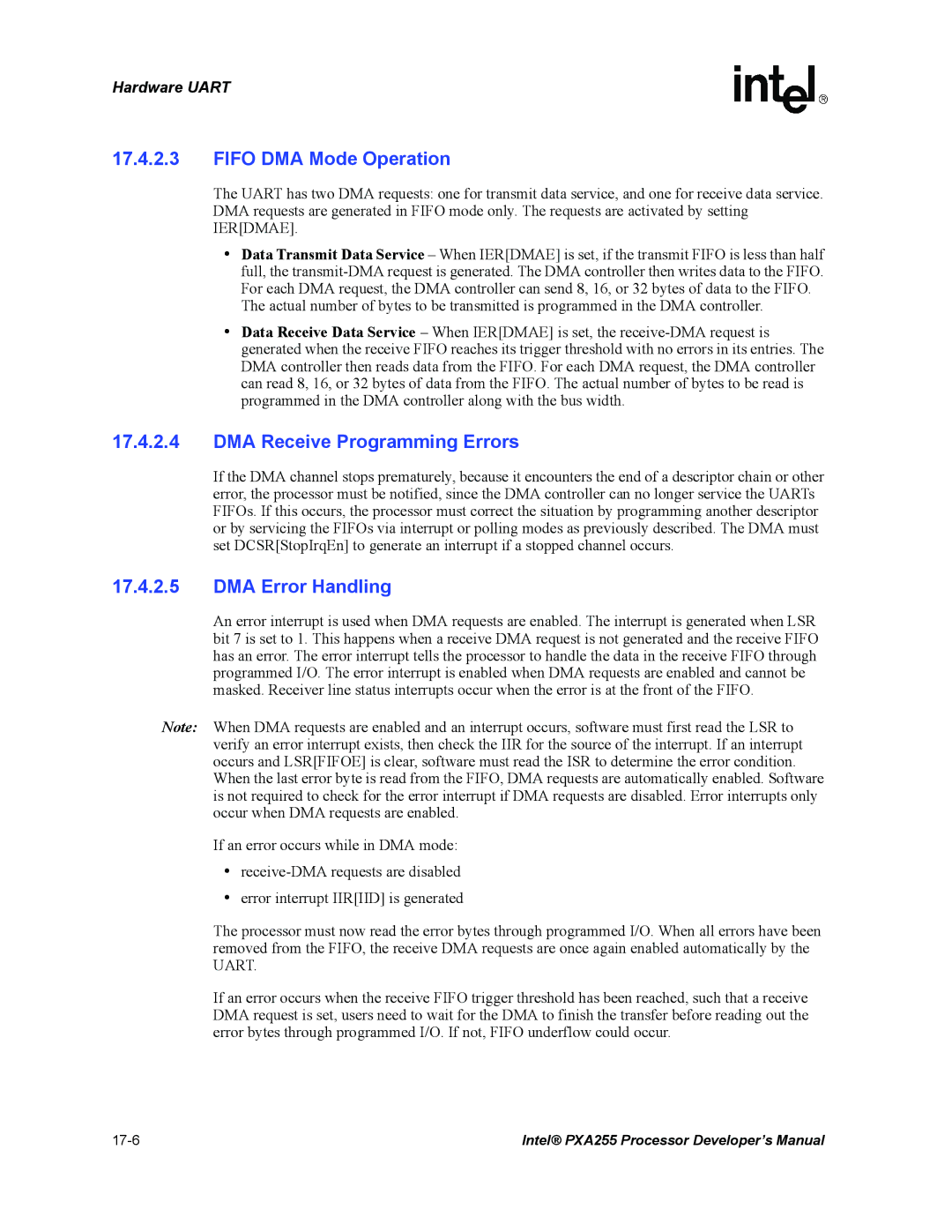 Intel PXA255 manual Fifo DMA Mode Operation, DMA Receive Programming Errors, DMA Error Handling 