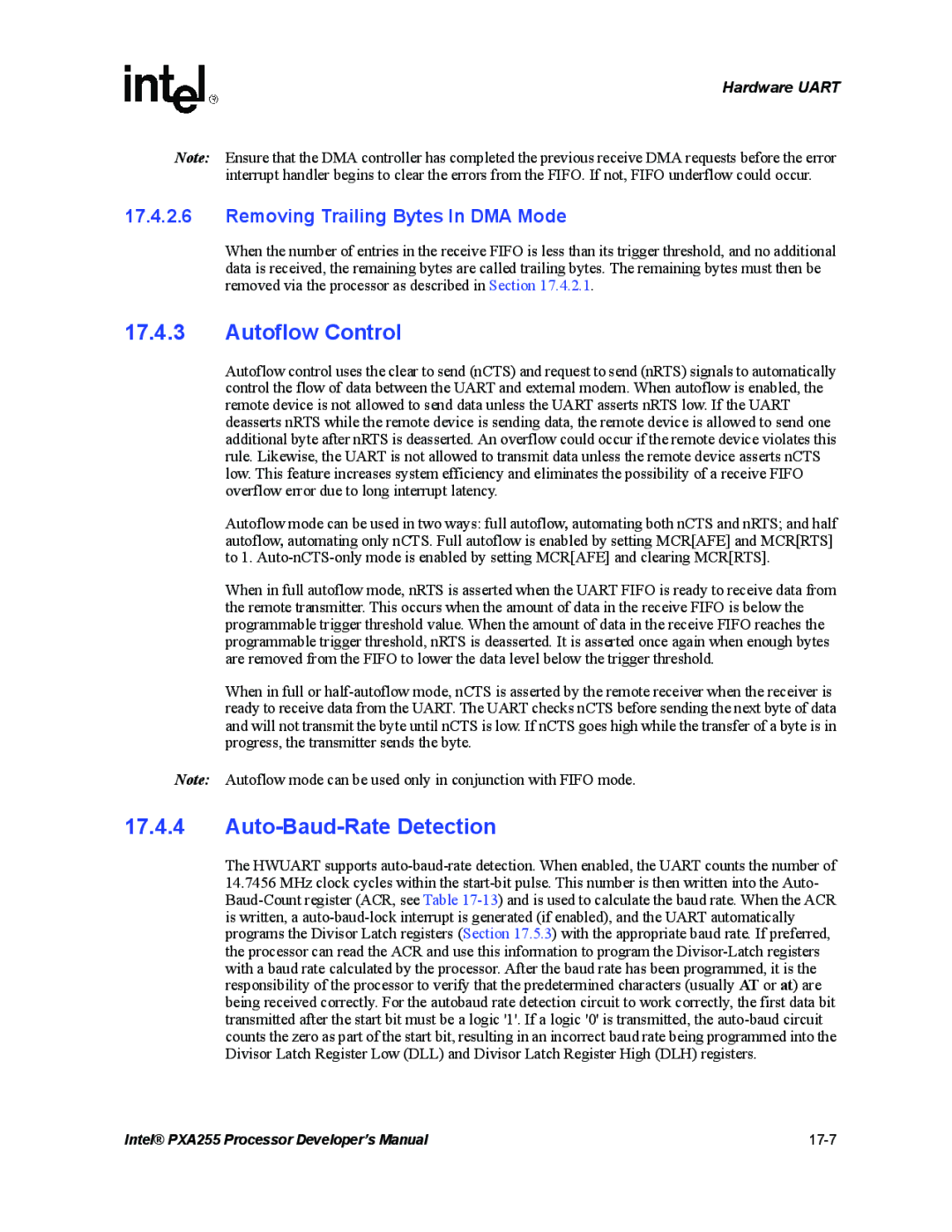 Intel PXA255 manual Autoflow Control, Auto-Baud-Rate Detection, Removing Trailing Bytes In DMA Mode 