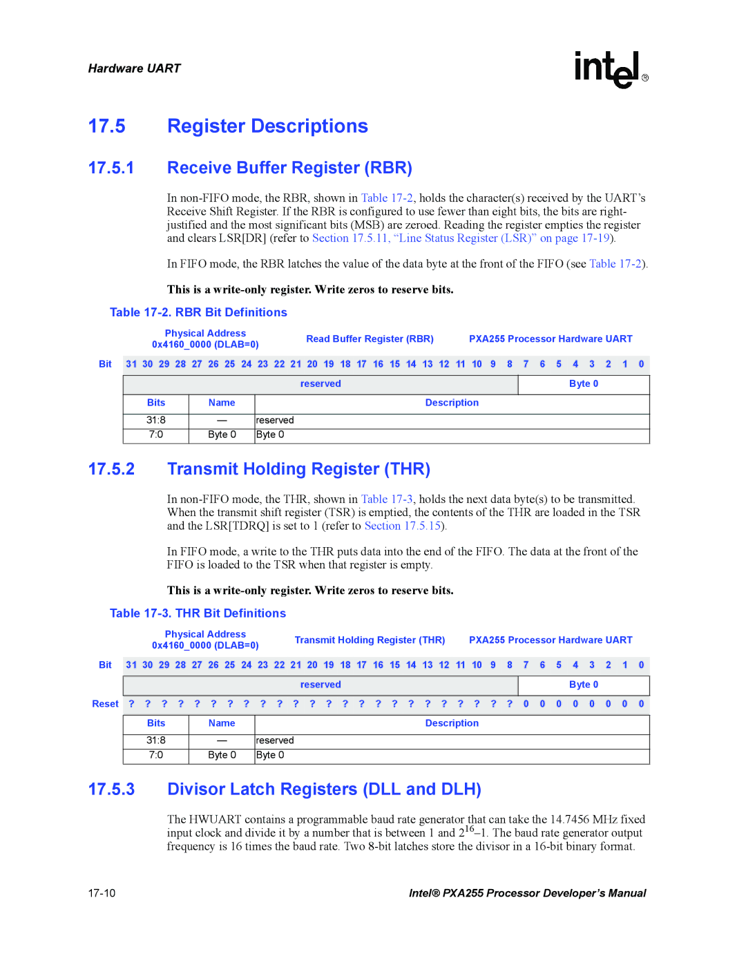 Intel PXA255 manual Receive Buffer Register RBR, Transmit Holding Register THR, Divisor Latch Registers DLL and DLH 