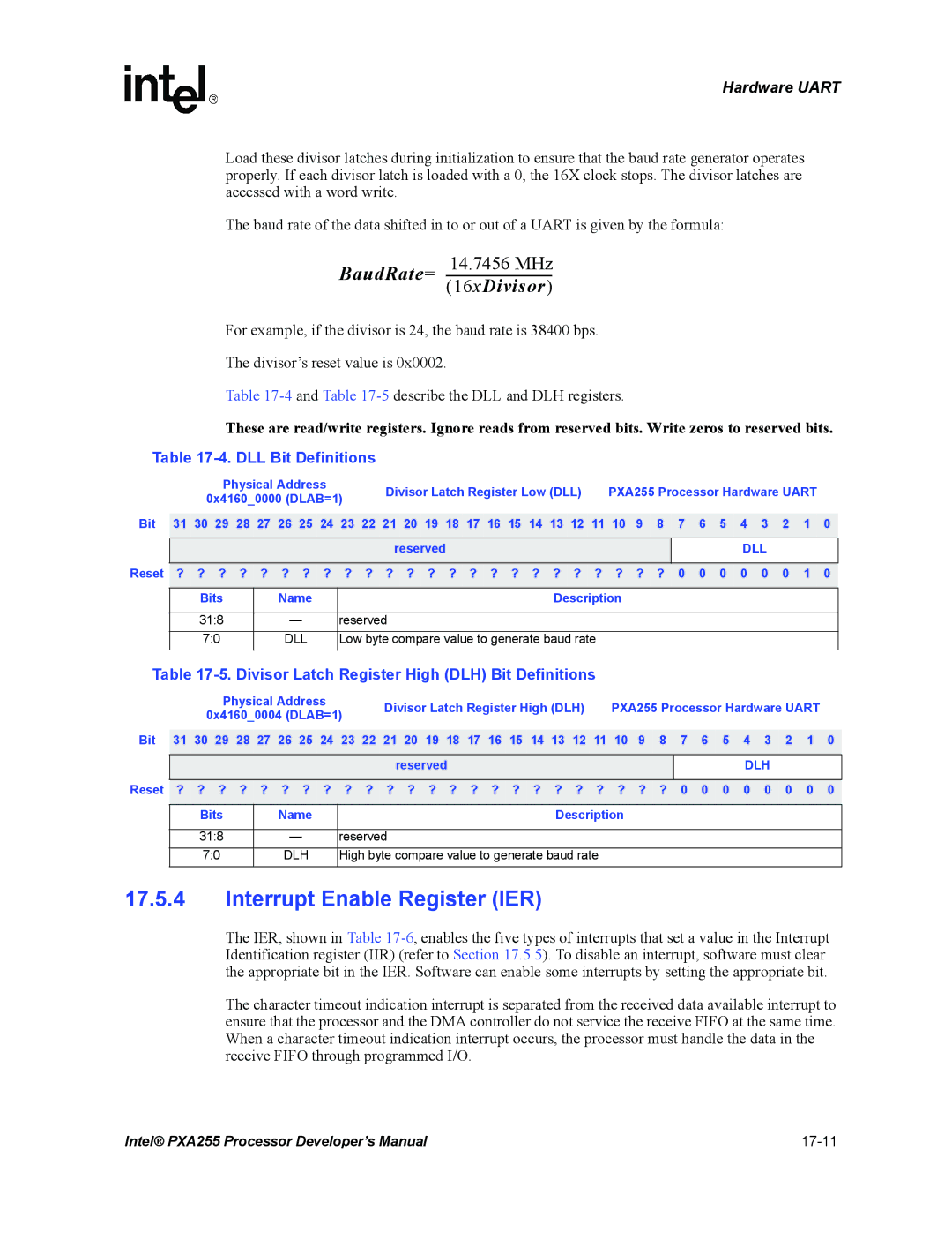 Intel PXA255 manual Interrupt Enable Register IER, Divisor Latch Register High DLH Bit Definitions, Dll, Dlh 