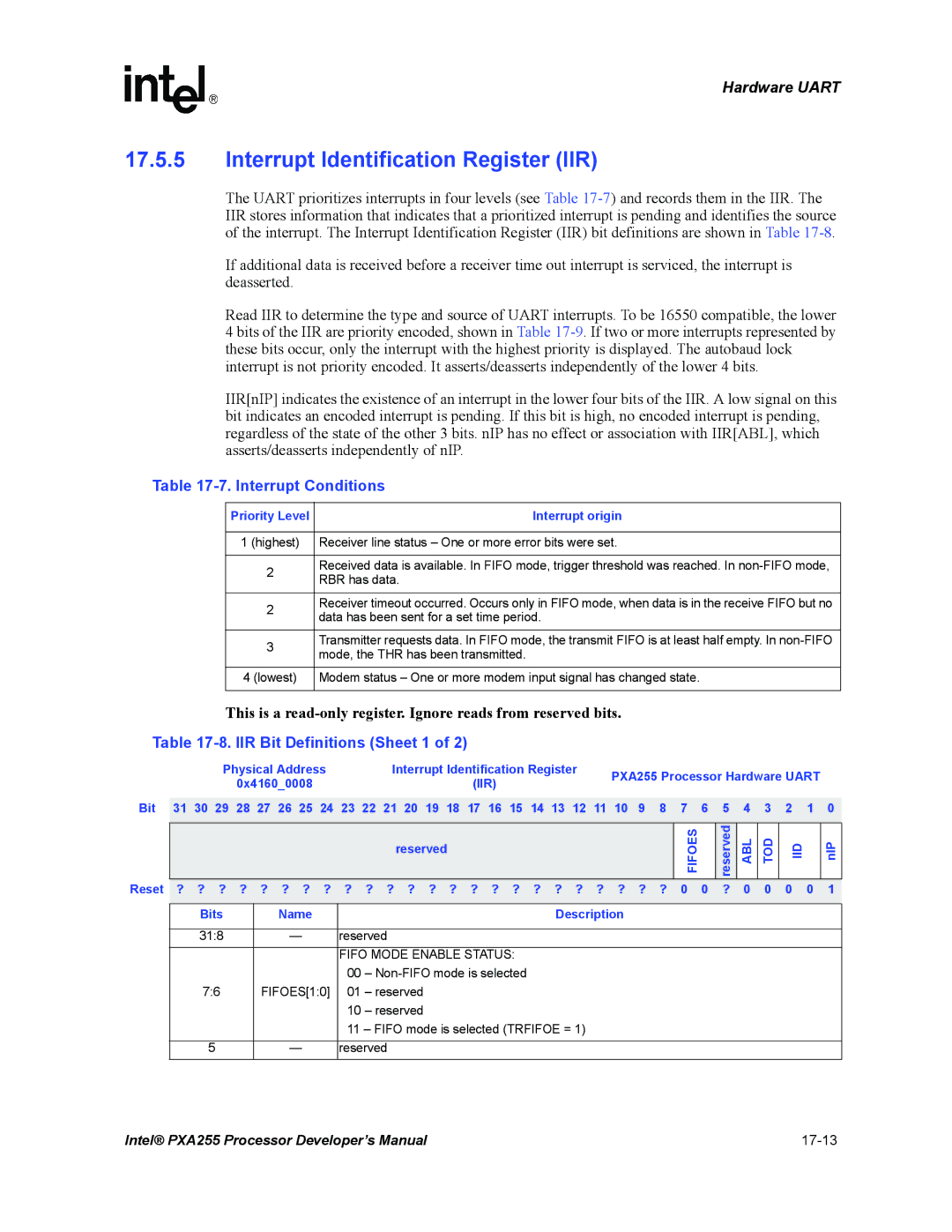 Intel PXA255 manual Interrupt Identification Register IIR, Iir, Abl Tod Iid, Nip, ? 0 0 0 0 