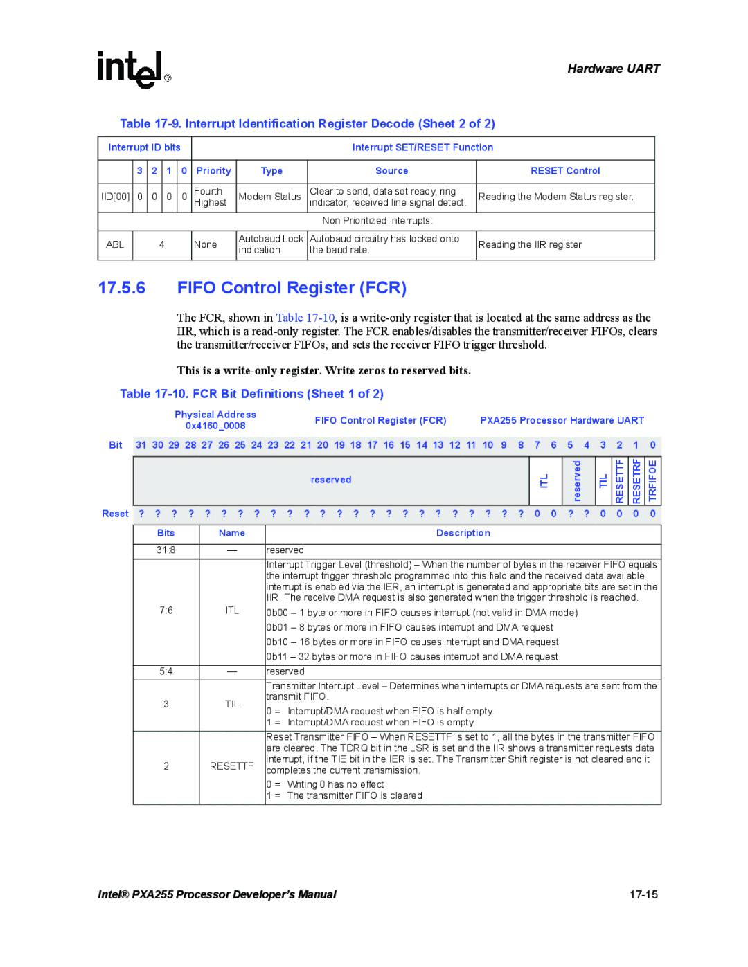 Intel PXA255 Fifo Control Register FCR, Interrupt Identification Register Decode Sheet 2, FCR Bit Definitions Sheet 1 