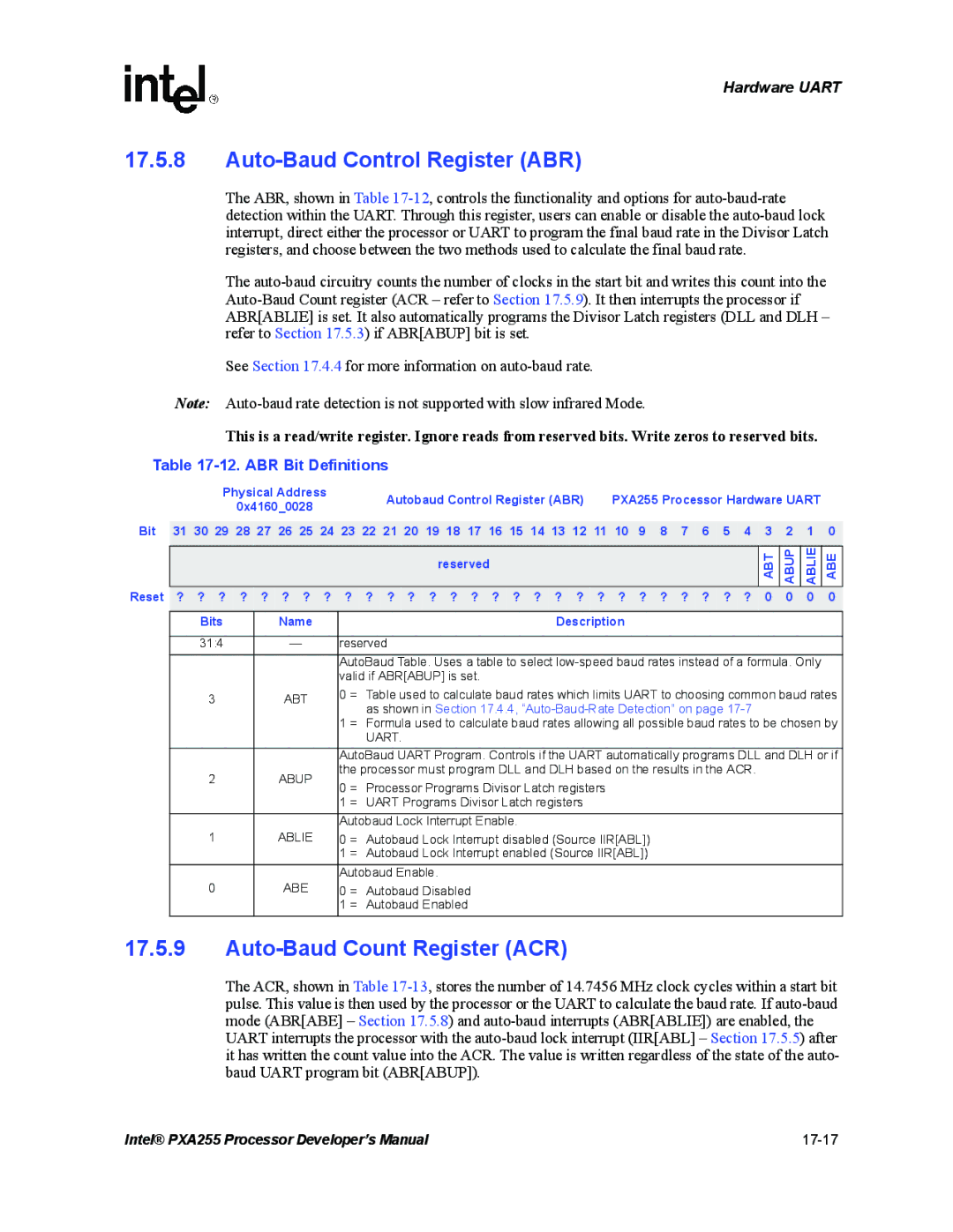 Intel PXA255 manual Auto-Baud Control Register ABR, Auto-Baud Count Register ACR, ABR Bit Definitions, Abt, Abe 