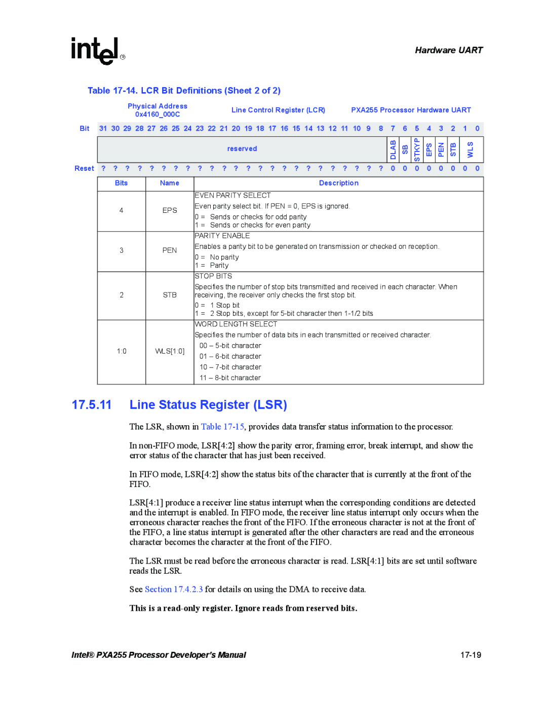 Intel PXA255 manual Line Status Register LSR, LCR Bit Definitions Sheet 2, Dlab Stkyp EPS PEN STB WLS 