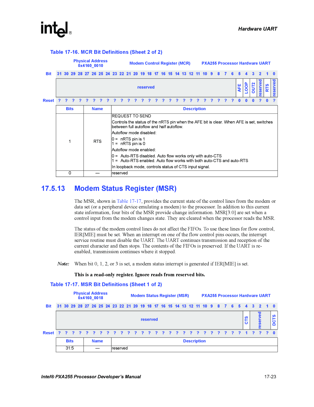 Intel PXA255 manual Modem Status Register MSR, MCR Bit Definitions Sheet 2, MSR Bit Definitions Sheet 1 