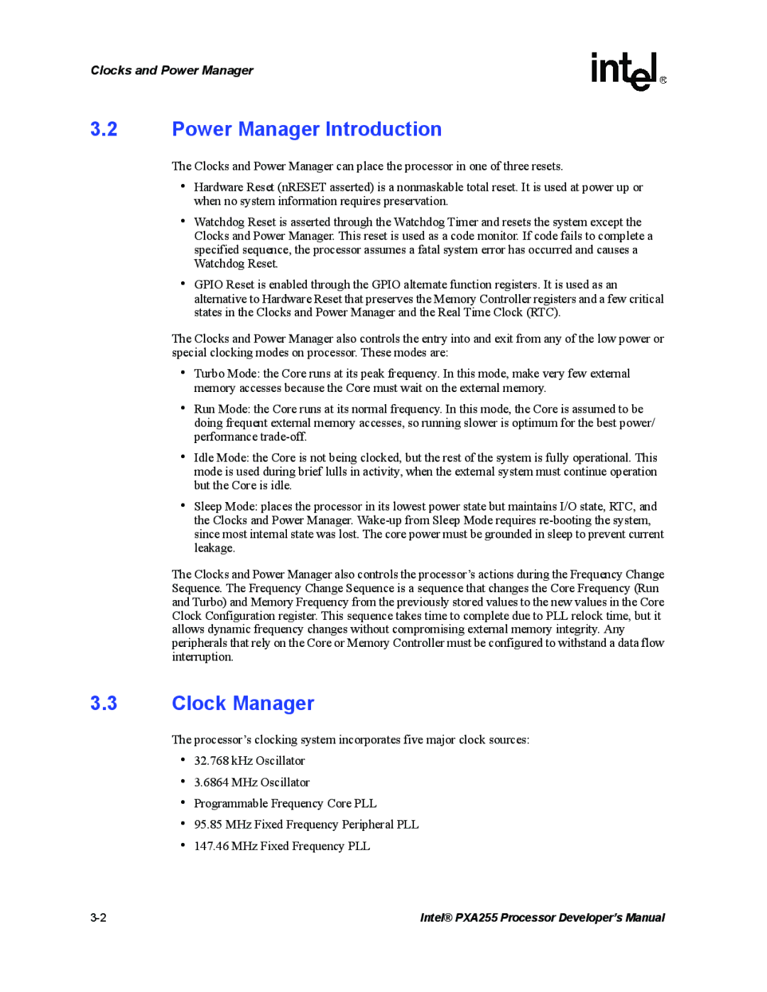 Intel PXA255 manual Power Manager Introduction, Clock Manager 